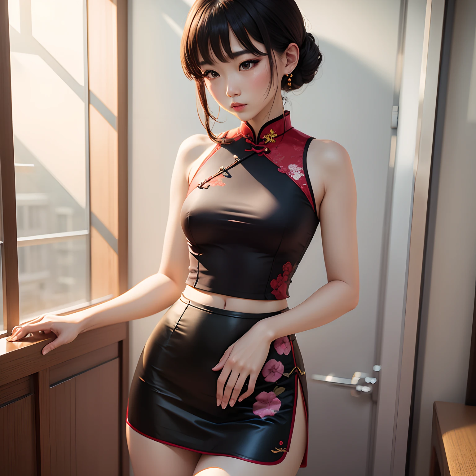 1girl in, (((shorth hair))), Bright cheongsam, mini dress, tight dreass、(​masterpiece, top-quality, Near and far law), beautiful expression, 8K, Raw foto, nffsw, Photorealsitic, film grains, chromatic abberation, hight resolution, ultra-detailliert, finely detail, 动态照明, Dramatic Lighting、shadowy、extremely detailed eye and face、Round pupils、Beautiful legs、Beautiful feet、Standing、Luxurious room