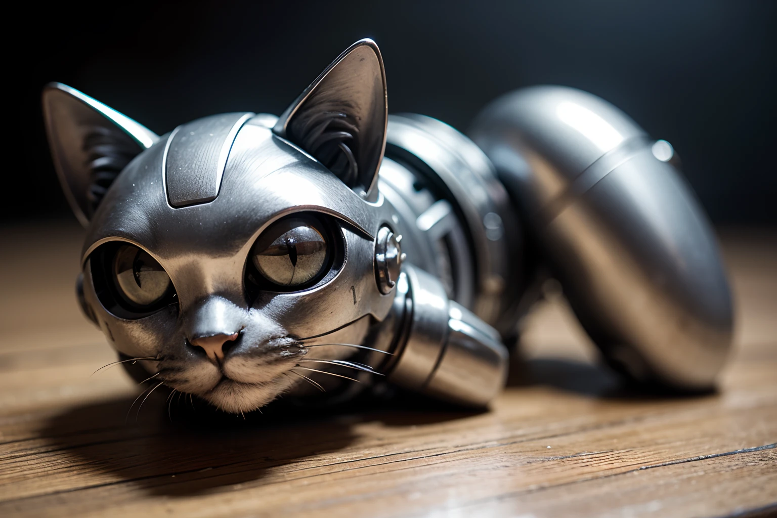 cute cyborg cat, half made of metal