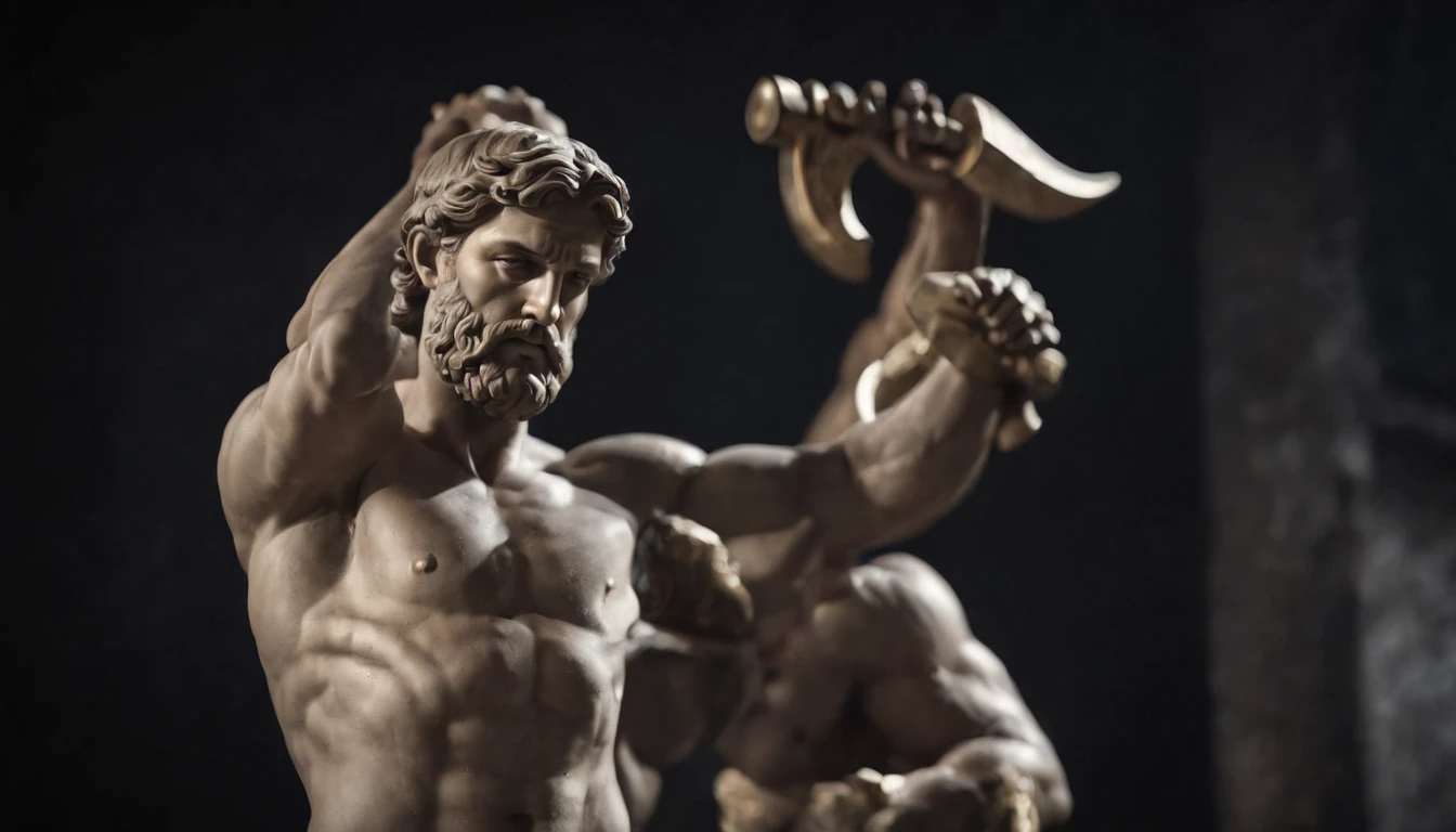 Stoic Greek Hercules style statue with highlighted muscles dark background