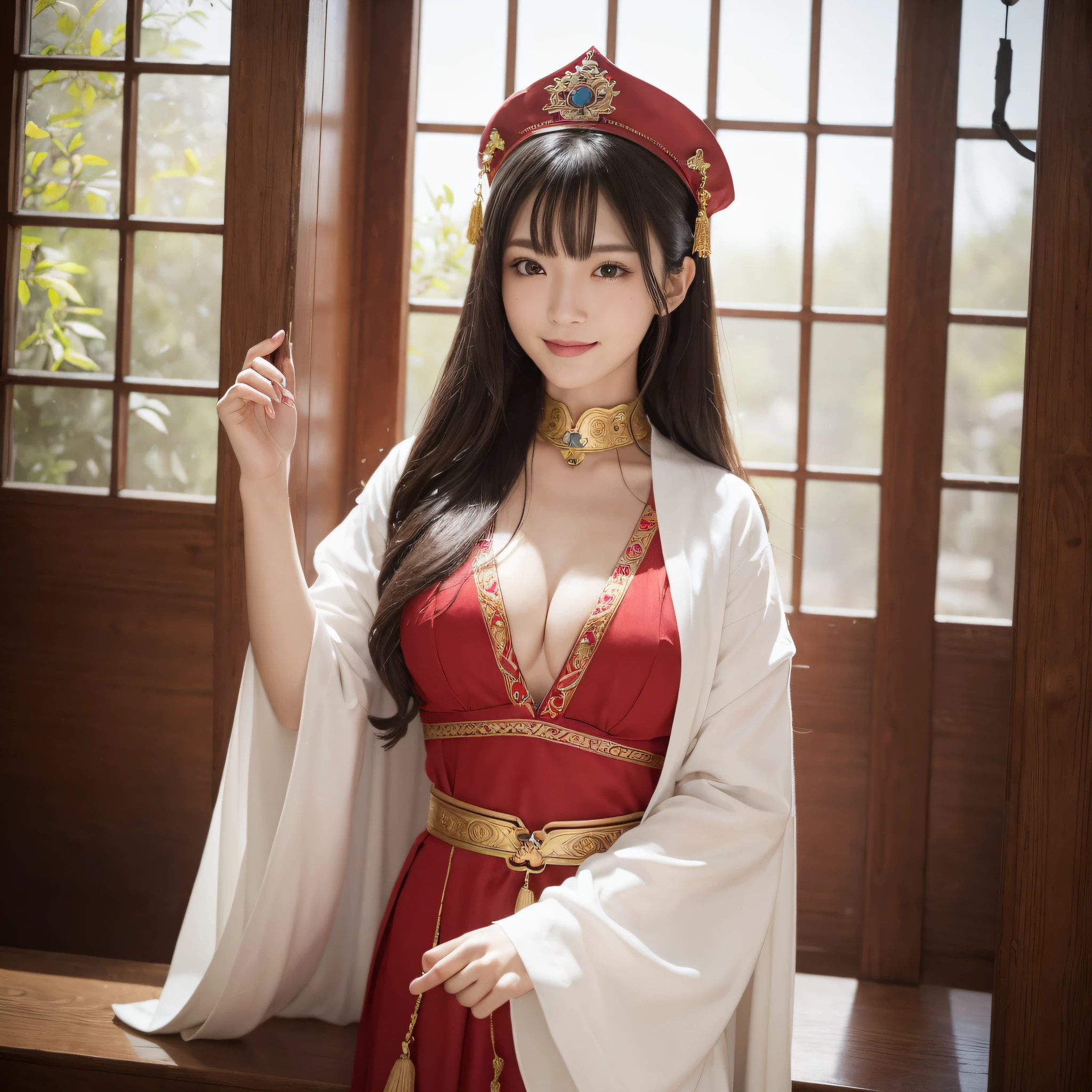 One Priestess、((best qualtiy、8k masterpieces:1.3))、foco nítido:1.2、(ultra beautiful faces:1.0)、(shinny skin:1.0)、photos realistic、A dark-haired、Video Lighting、High-definition eyes and face、Video Lighting、Japan Idol Actress、from the front side、medium breasts、Smile、Slender Abs Beauty、Whole body、Wearing a red priestess costume、At the shrine in the morning