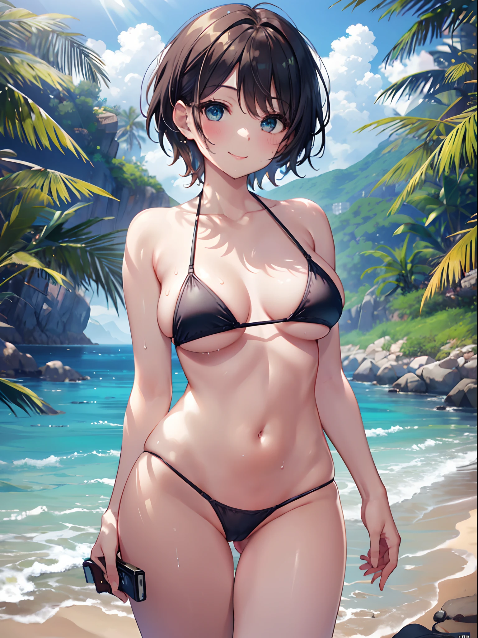 1girl in, (Chiquita:1.2), 1girl in, sarashina_ruka,  short-hair, Dark hair,
(Close Shot, Best Quality, hight resolution, 4K, Detailed Lighting, Shaders, NSFW), 
Micro Bikini, 
Smiling, Sweat, Nipple, 
plein air, beach,