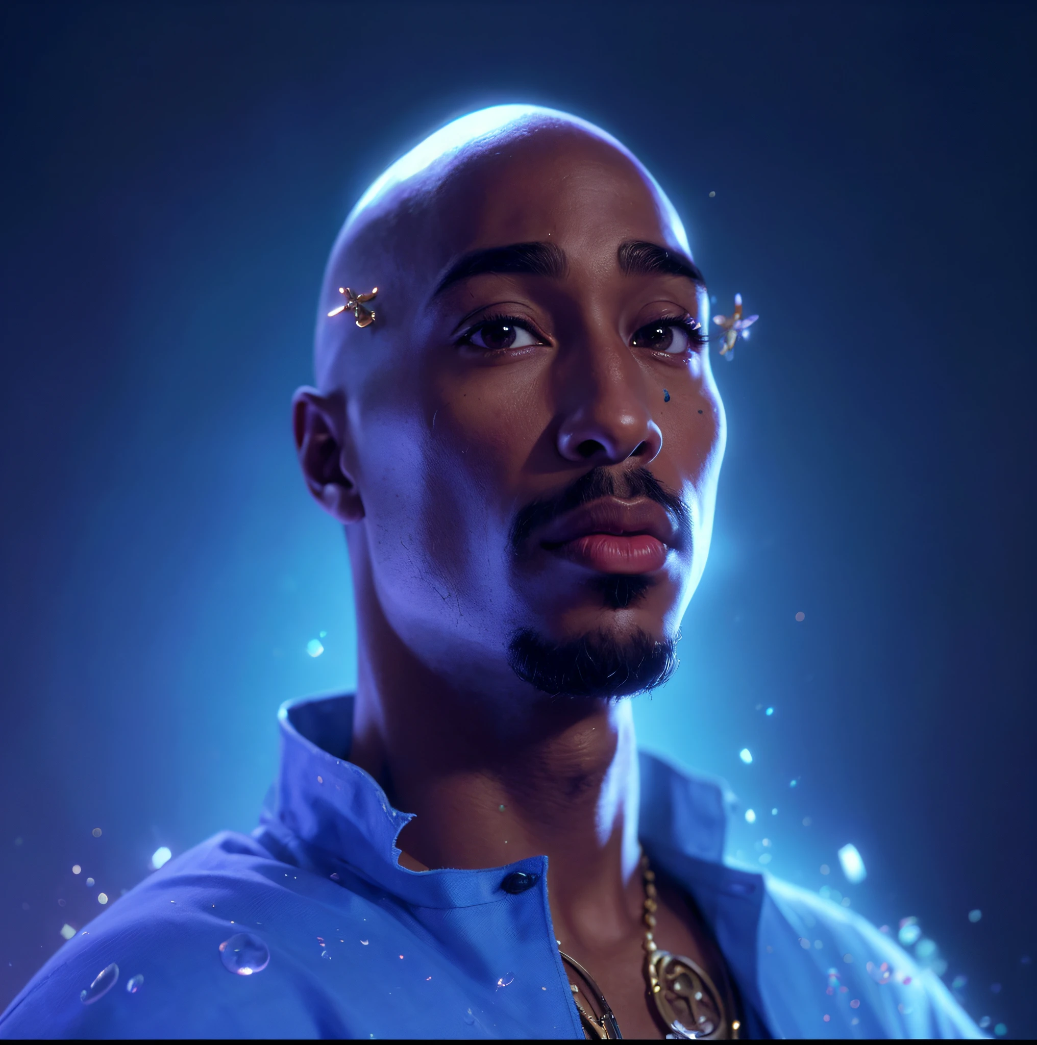 Ultra-detailed portrait of Tupac Shakur between the age of 21-24 Bald Hairstyle , in the style of Pixar and Disney, Makoto Shinkai, Katsuhiro Otomo, Thomas Kinkade, Greg Rutkowski, Mike Mignola and Ismail Inceoglu., Nose piercing posing , clothed in white shirt, fully tattooed body,, official product photo, b full product shot, (8k, RAW photo, photorealistic:1.25) ,( gloss-face, glossy skin, best quality, ultra highres, depth of field, chromatic aberration, caustics, Broad lighting, natural shading) looking at viewer with a serene and goddess-like happiness,