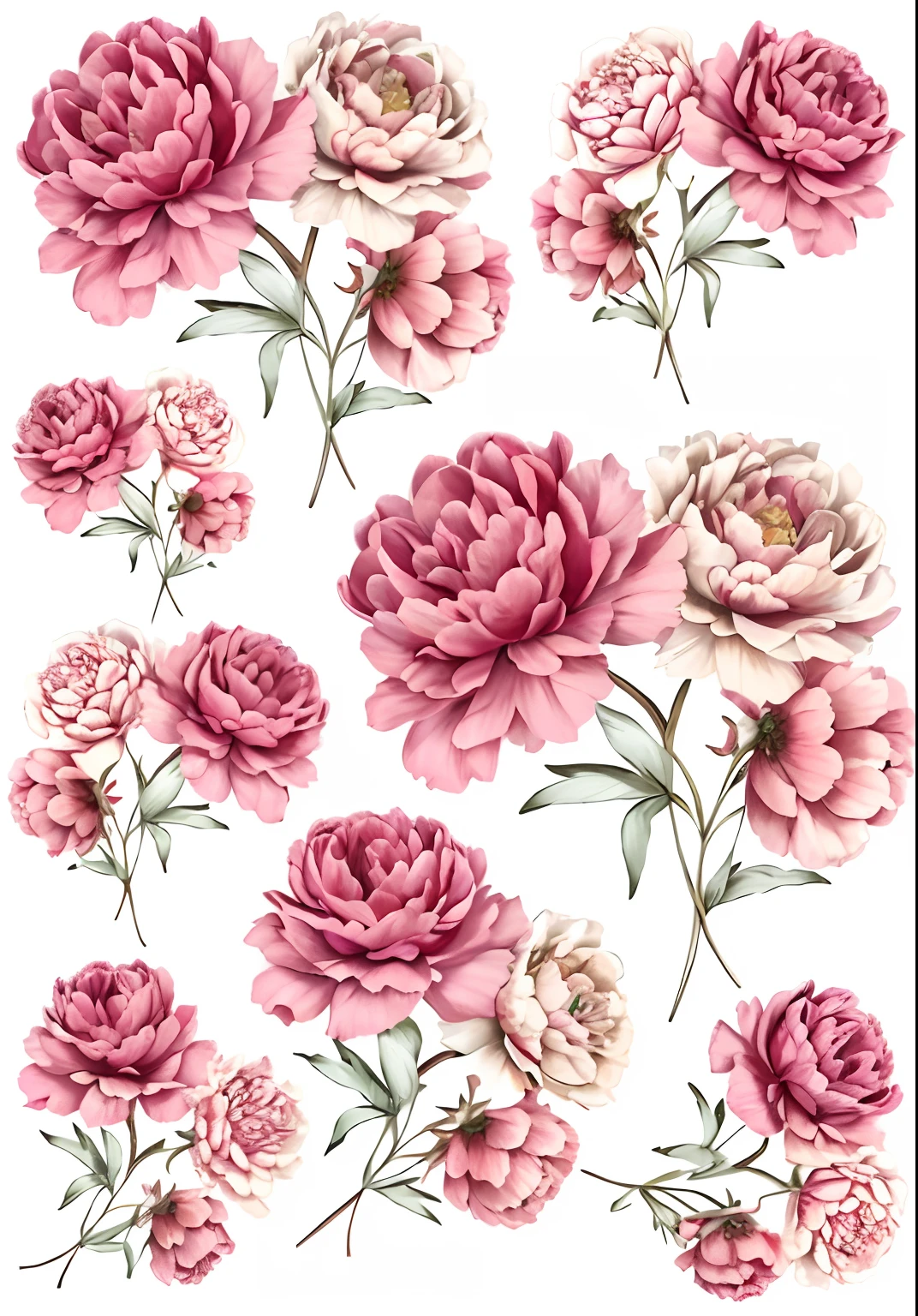 um conjunto de flores cor-de-rosa com folhas e caules, floral pattern, flores detalhadas, peony flowers, flores cor-de-rosa, flores ornamentadas, Florido, many peonies, peony, peony flower, design floral, peonies, papel de parede floral, flores florescendo, rosas decorativas, floral patterned skin, floral ornamentado, com flores coloridas, flores elegantes, flores bonitas, Roses