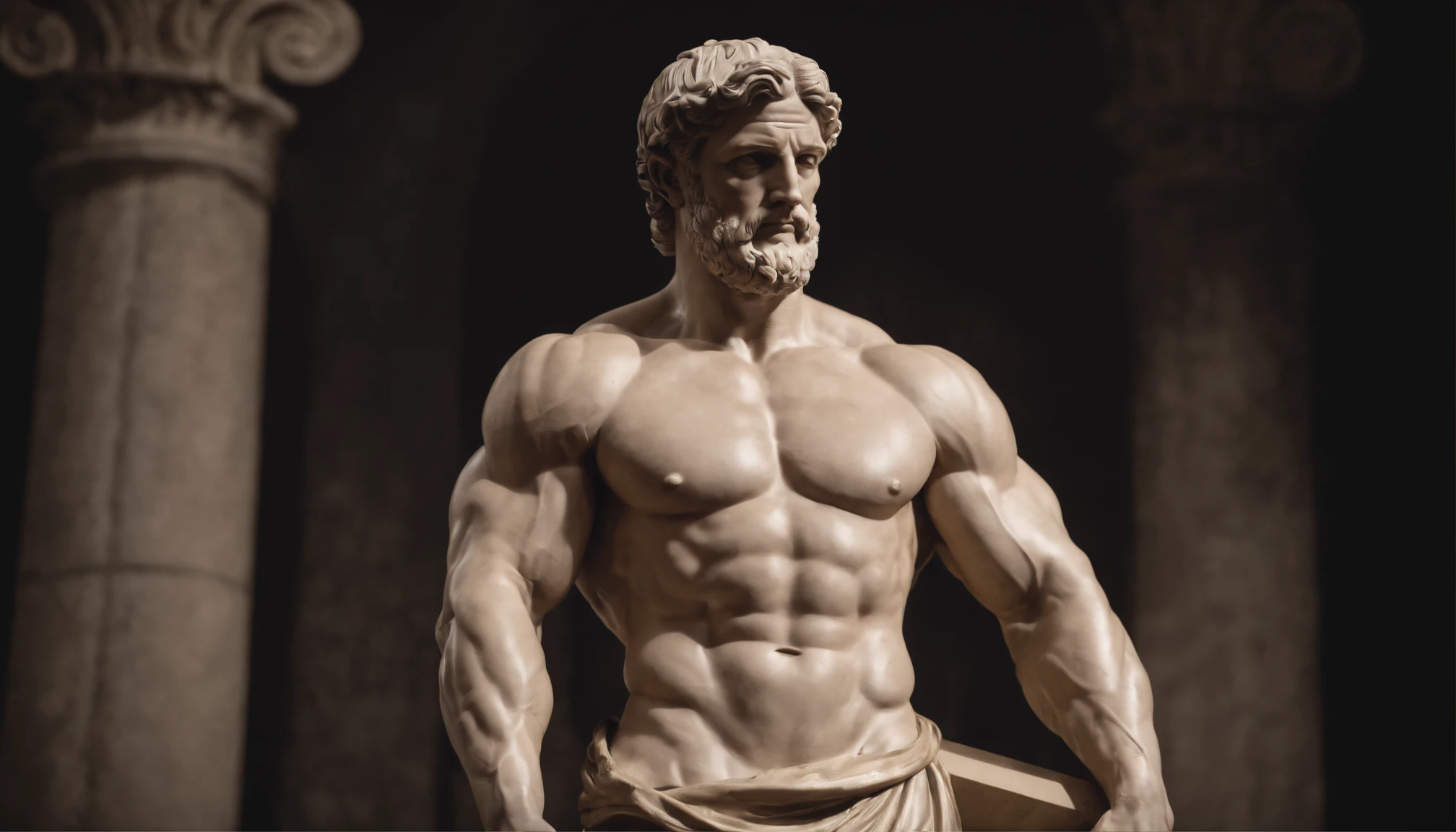 Stoic Greek Hercules style statue with highlighted muscles dark background