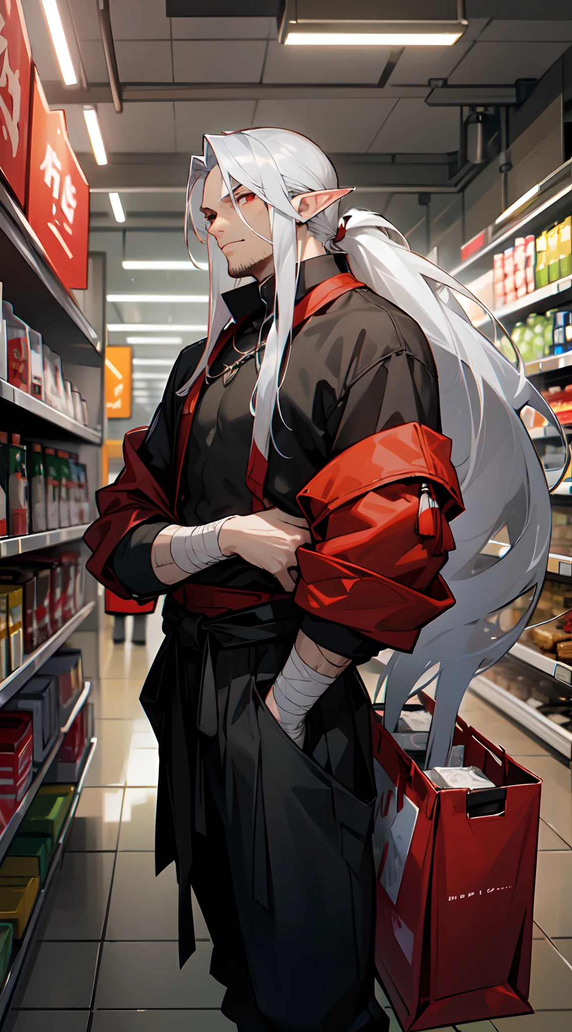 In a grocery story , shopping , bright lit , casual scene , Handsome man, ((gray stubble :1.1)) , red eyes , elf ears , extremely long hair , ((silver hair)) , hair in a ponytail, lean , muscular ,((male:2 )), age 41,

Wearing Black baggy pants , oversized black jacket around waist, bandages around arms , hair in a ponytail, red tassels accessories,