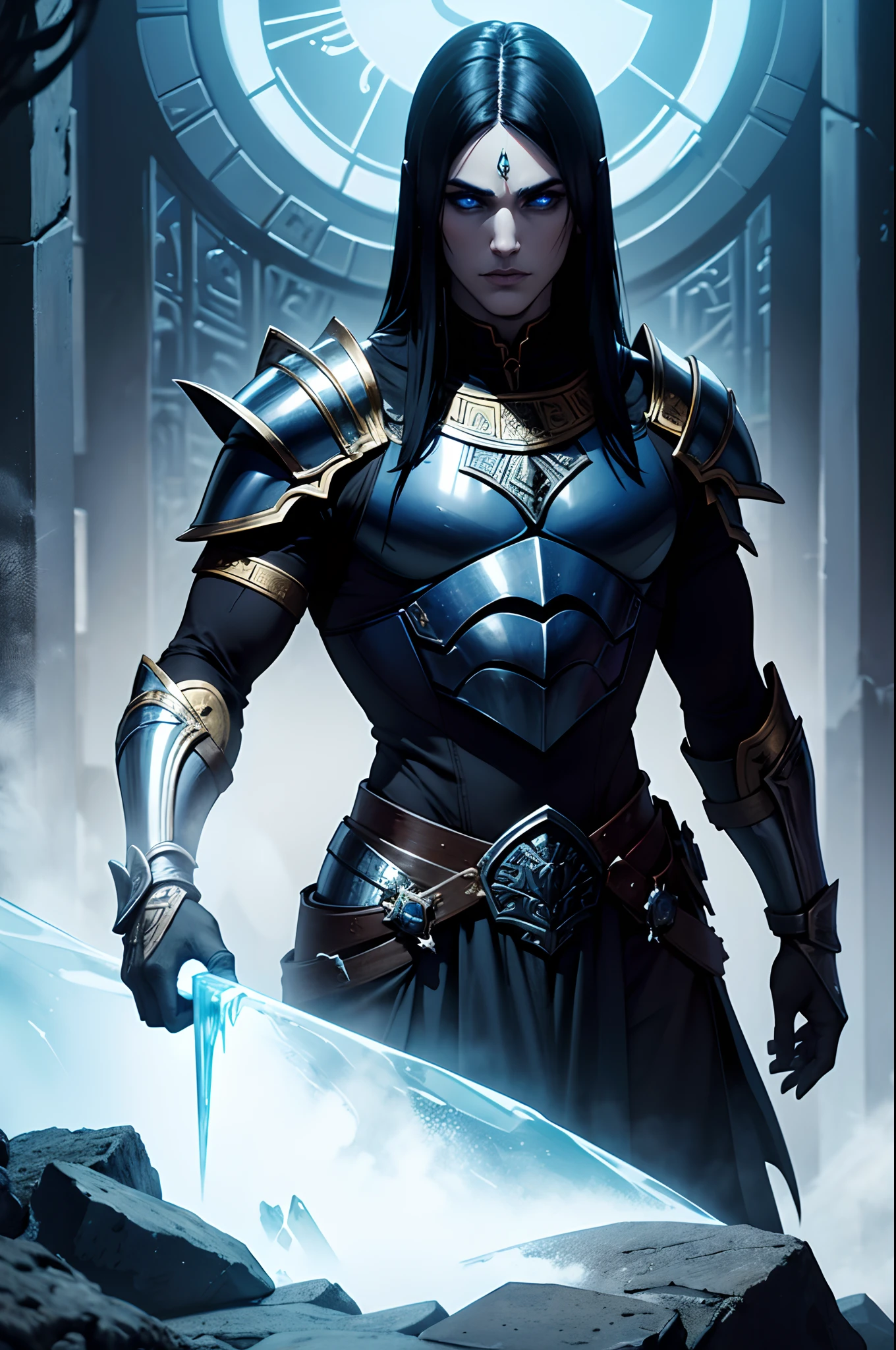 Chamber with ice, uma tumba, a male warrior ghost wearing gothic armor, Capa nas cores preto e azul gelo, black gothic clothes, nevoeiro, guerreiros sem cabelo, rosto cicatrizado, serious features, olhos azuis de gelo, manto, capuz, Armor full of magical writings and hieroglyphics, feiticeiro, Bruxo, 8k, magnifica, dramatic scene