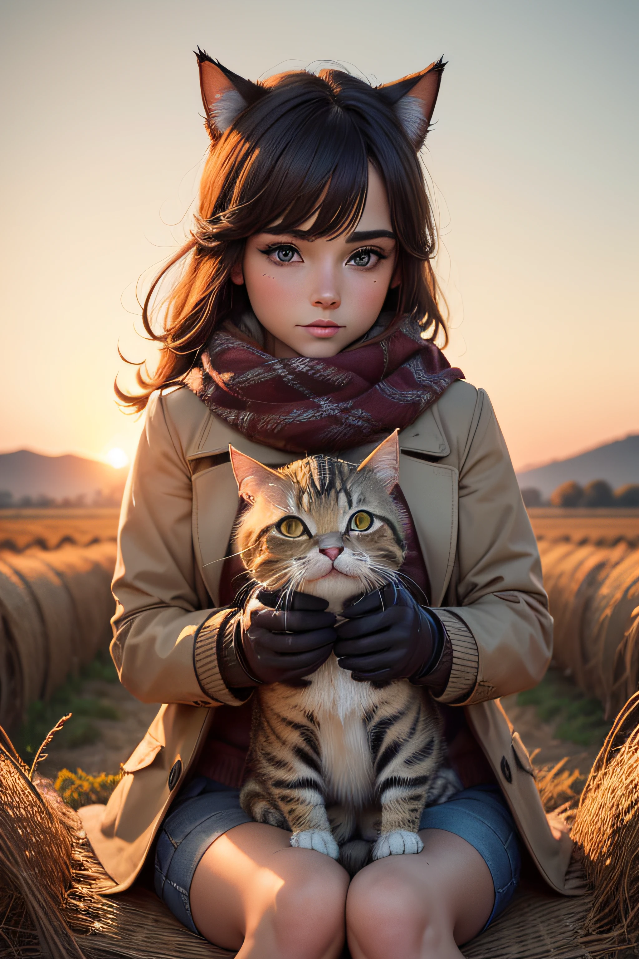 A cute animal kitten with a Bordeaux wool scarf sitting in an autumn hay field at sunset, olhos verdes, Gato, gatinho tabby, macio, sonhador, fofo, bruxa, wearing gloves on hands