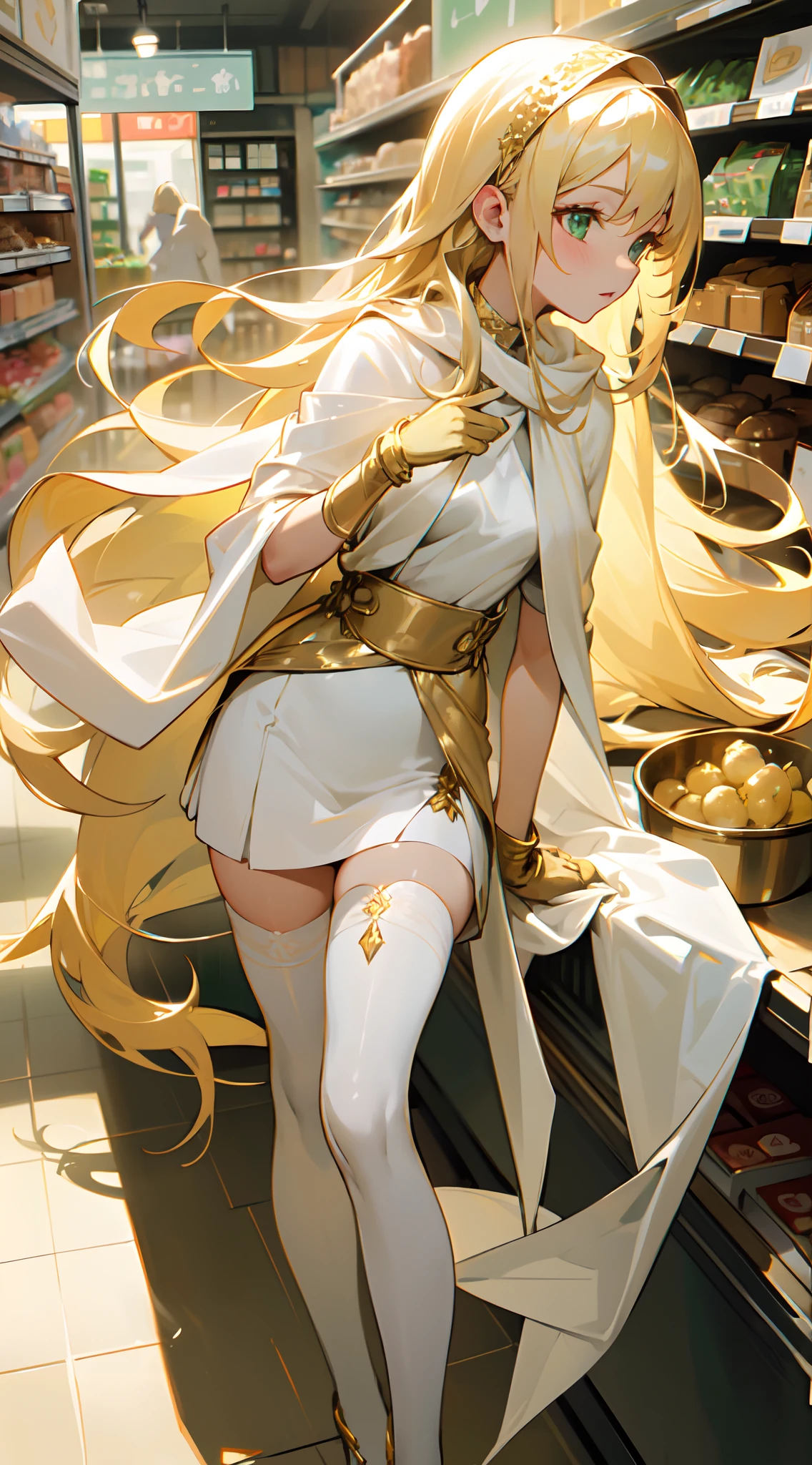 In a grocery story , shopping , bright lit , casual scene , Beautiful woman , extremely long hair , blonde hair , green eyes , 32,


Wearing a white outfit , gold metal accessories, ping flowers accessories, white shawl, short white skirt , one white stocking , one golden leg accessory, white fingerless gloves