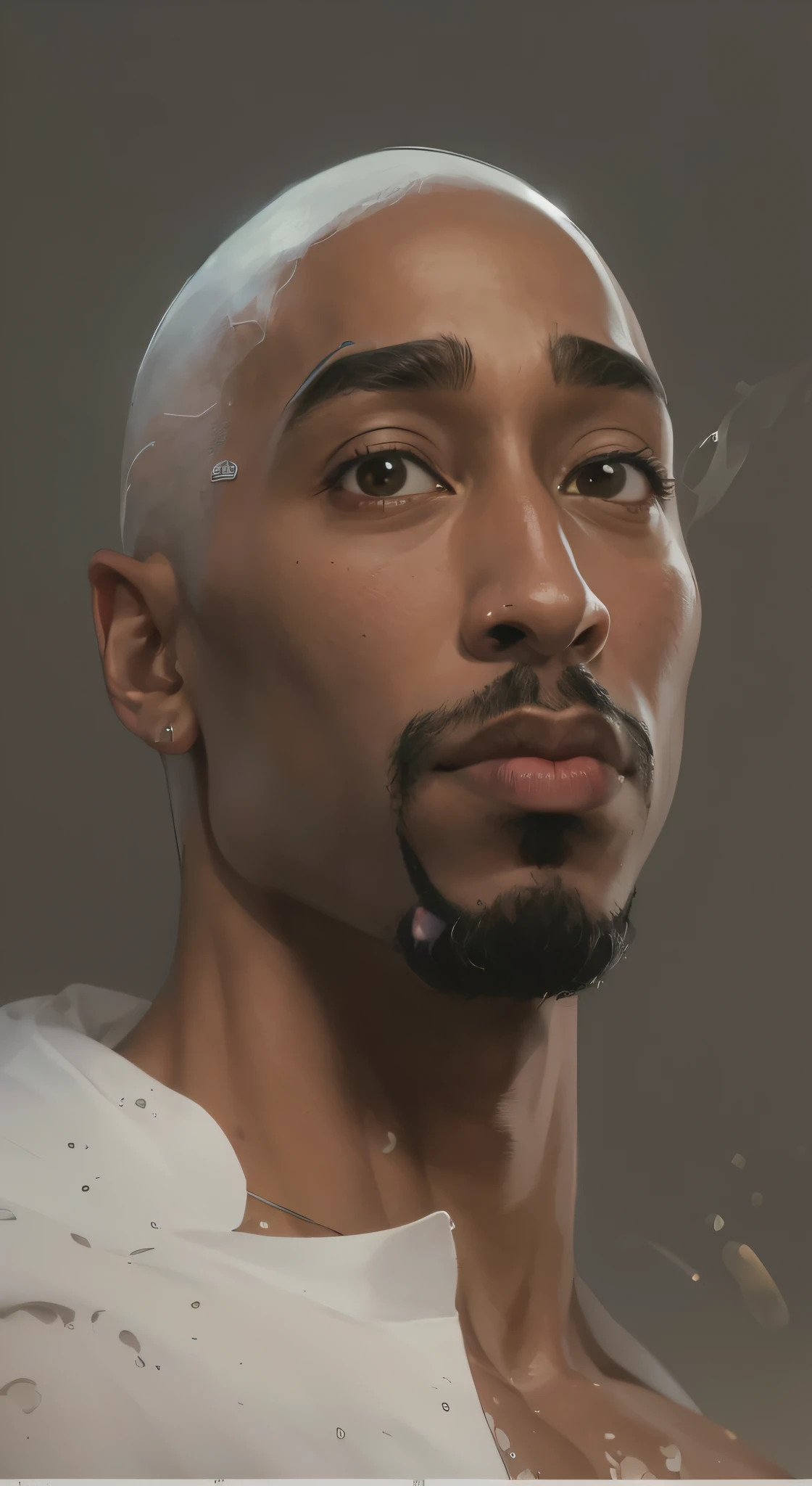 Ultra-detailed portrait of Tupac Shakur between the age of 21-24 Bald Hairstyle , in the style of Pixar and Disney, Makoto Shinkai, Katsuhiro Otomo, Thomas Kinkade, Greg Rutkowski, Mike Mignola and Ismail Inceoglu., Nose piercing posing , clothed in white shirt, fully tattooed body,, official product photo, b full product shot, (8k, RAW photo, photorealistic:1.25) ,( gloss-face, glossy skin, best quality, ultra highres, depth of field, chromatic aberration, caustics, Broad lighting, natural shading) looking at viewer with a serene and goddess-like happiness,