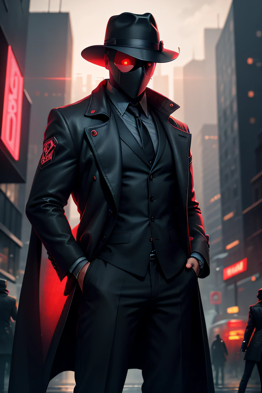 Detective, fedora hat, no face, neon red eyes black overcoat, city, technology, crime, decaying belly, cases, mysteries, dangerous situations, difficult, mysterious, noir, intelligent, cunning, formidable, enigmatic, cyberpunk