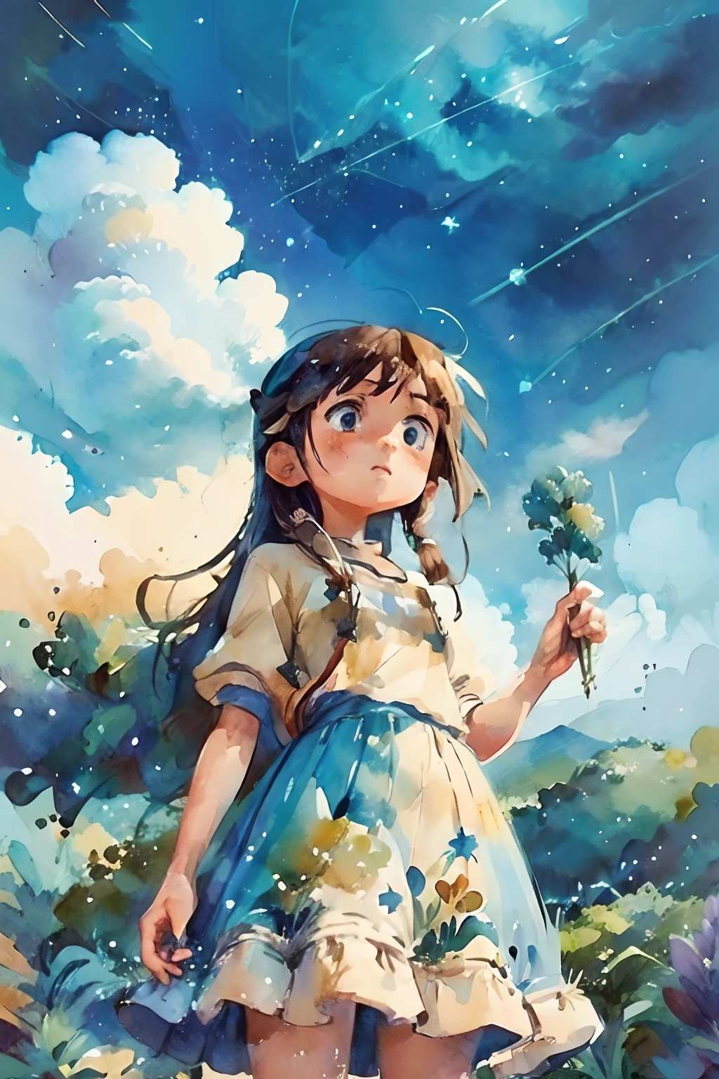 Makoto Shinkai, fotografia de paisagem expansiva , (view from below，stars daytime sky), a girl standing on flower field looking up, ( Meteoros:0.9), (Nuvem estelar:1.3), Montanha Far, Tree Forest BREAK Art Production, (stars daytime sky:1.2), (Pirilampo:1.2), Daytiime Sky Stars