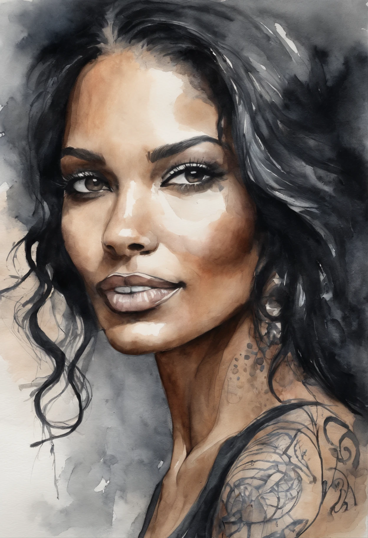 1 Woman Black Hair Drawing Tattoo Realism Black Gray