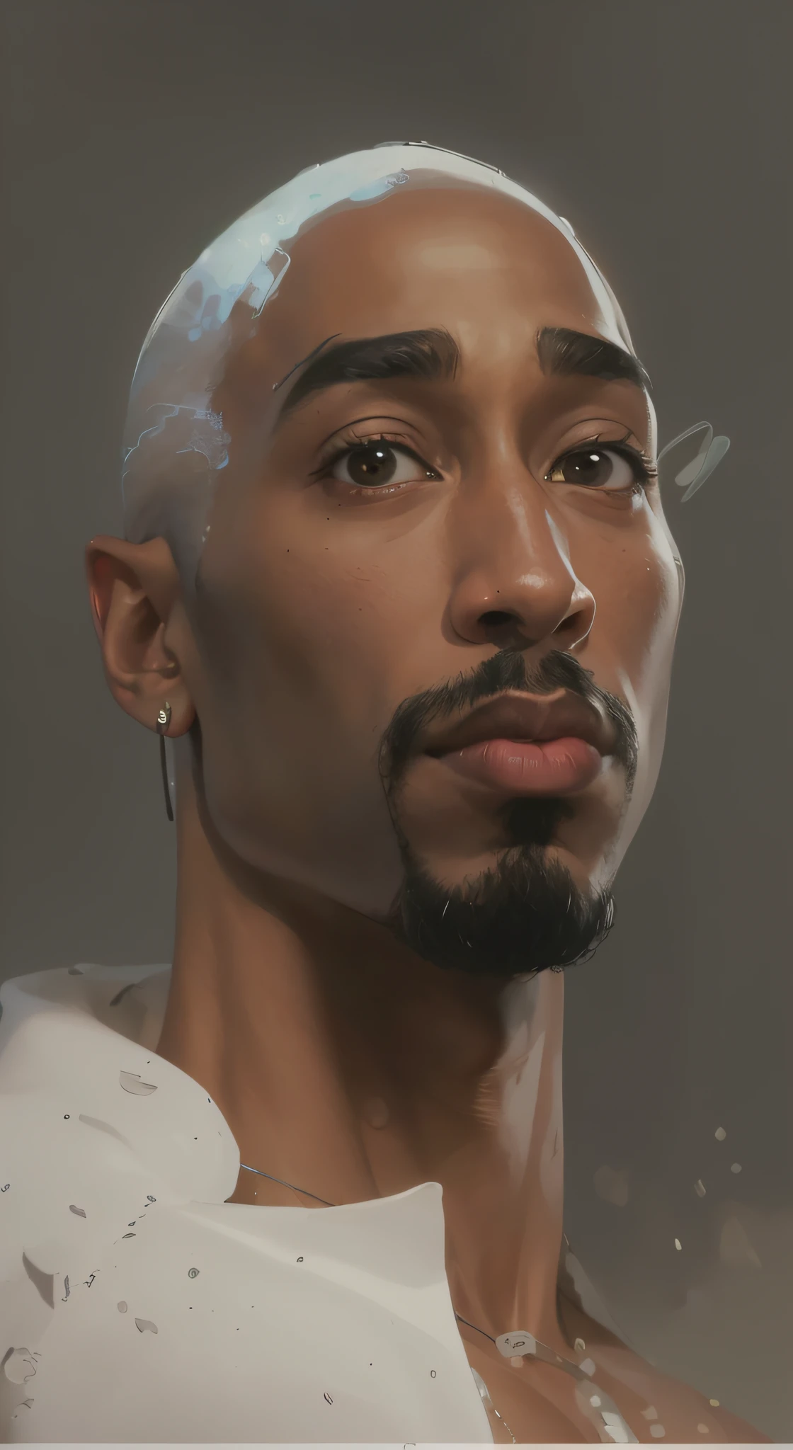 Ultra-detailed portrait of Tupac Shakur between the age of 21-24 Bald Hairstyle , in the style of Pixar and Disney, Makoto Shinkai, Katsuhiro Otomo, Thomas Kinkade, Greg Rutkowski, Mike Mignola and Ismail Inceoglu., Nose piercing posing , clothed in white shirt, fully tattooed body,, official product photo, b full product shot, (8k, RAW photo, photorealistic:1.25) ,( gloss-face, glossy skin, best quality, ultra highres, depth of field, chromatic aberration, caustics, Broad lighting, natural shading) looking at viewer with a serene and goddess-like happiness,