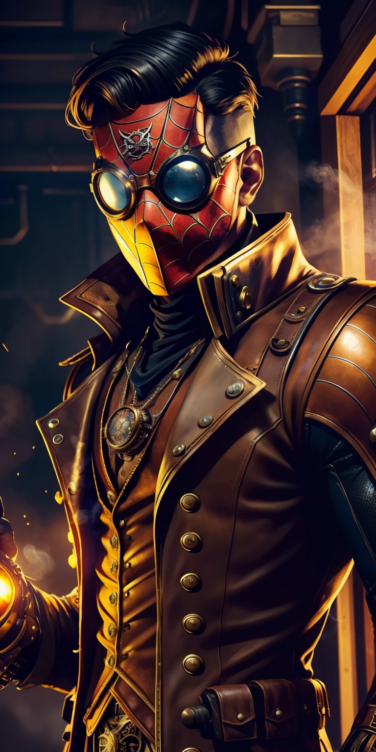 Spider-Man Steampunk sports a leather and brass suit adorned with mechanical details. Its chest features a spider gear that is a steam generator. He uses steam cannons on his wrists as "spiderwebs". His mask has smoked lenses and aviator-style goggles.... Fight mechanical villains and command pirate airships in an alternate industrial age. 🕸️🚂🔧, Suave, Warm lighting with touches of volumetric lighting and quality, HDR ultra definition 4k, La mejor calidad posible