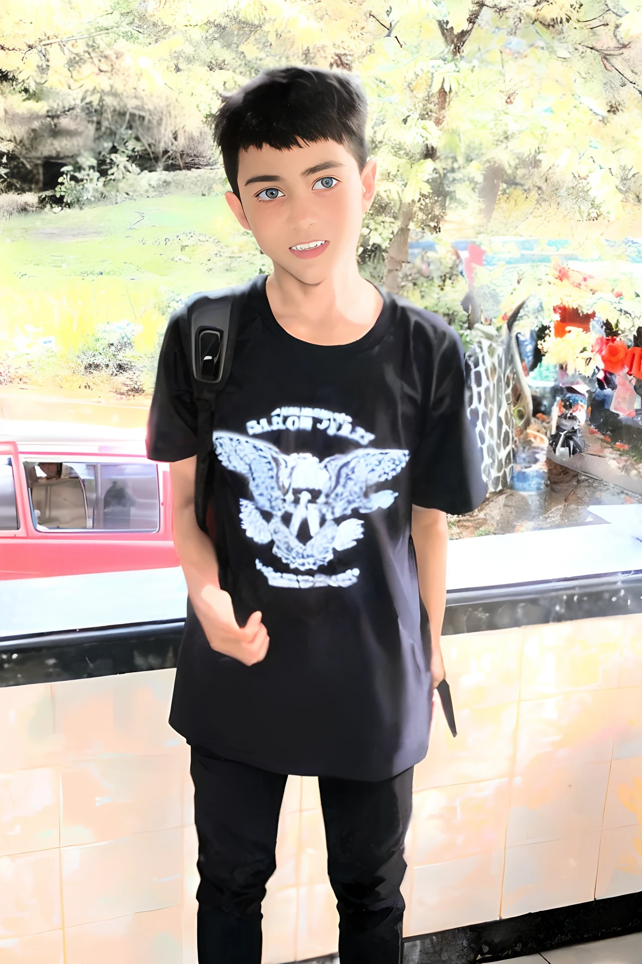 Full Body, Full Body Illustration, Best Illustration, (((Best Quality)), ((Masterpiece)), handsome, fine detail, portrait, Behold the beholder, ((Show Full Body)), 1 Male, Full body, Solo, 10 years old, Elementary school student, Child actor, Brown hair, Short hair, Blue and pink eyes, Big eyes, black t-shirt, Wet clothes, , Blush, room, Simple background, facing front, standing, carrying a bag, short-sleeved shirt, skinny, child, cute,