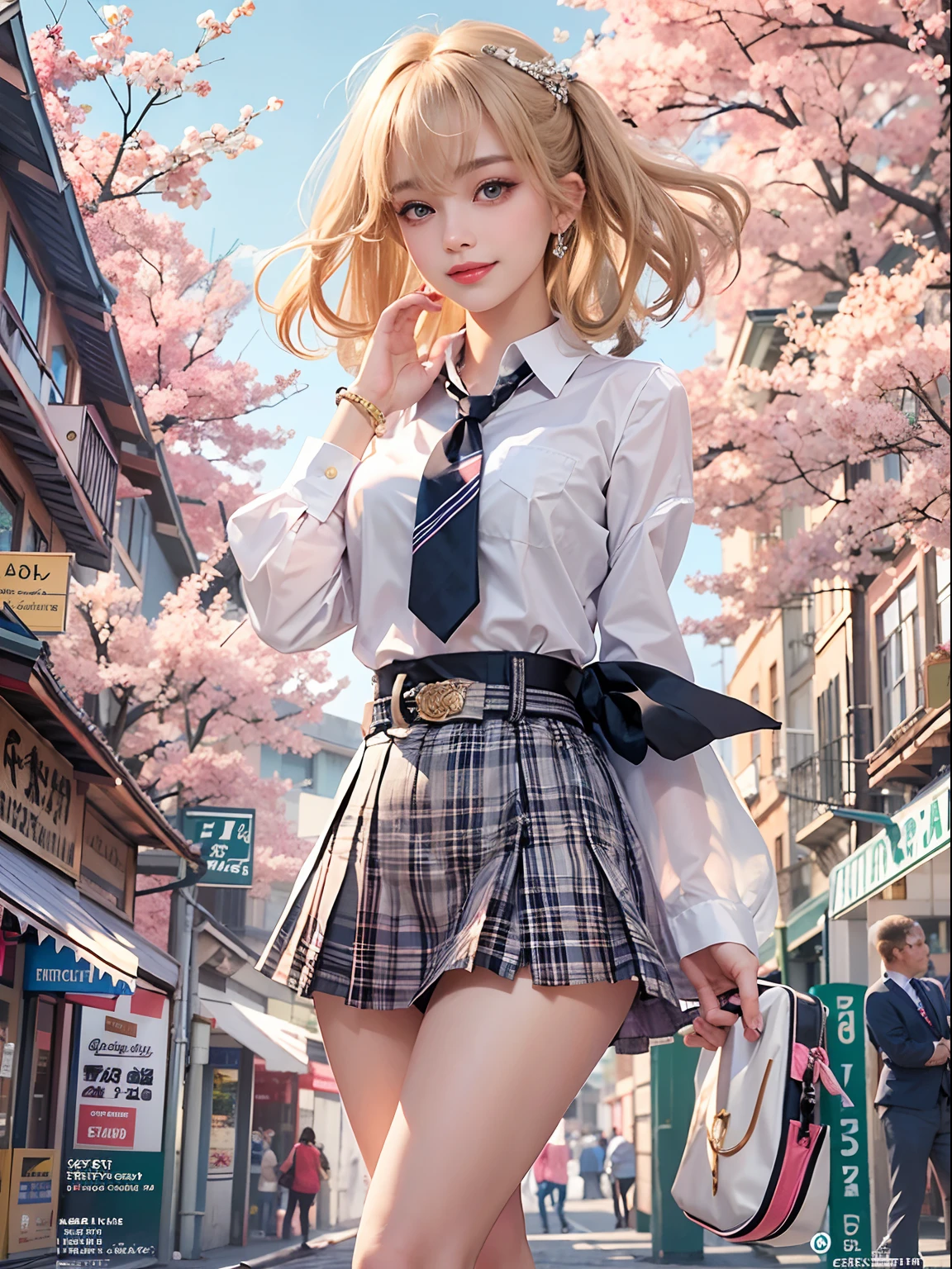 masterpiece, best quality, full body, 1girl, bangs, black choker, black necktie, blonde hair, blue skirt, blush, bracelet, breasts, choker, clothes around waist, collarbone, collared shirt, cowboy shot, dress shirt, ear piercing, eyebrows visible through hair, gradient hair, grin, gyaru, jewelry, kogal, long hair, looking at viewer, loose necktie, necktie, piercing, plaid, plaid skirt, pleated skirt, red eyes, ring, school uniform, shirt, skirt, smile, solo, white shirt, street, sky, cherry blossoms, petals,illustration, (magazine:1.3), (cover-style:1.3), fashionable, woman, vibrant, outfit, posing, front, colorful, dynamic, background, elements, confident, expression, holding, statement, accessory, majestic, coiled, around, touch, scene, text, cover, bold, attention-grabbing, title, stylish, font, catchy, headline, larger, striking, modern, trendy, focus, fashion,