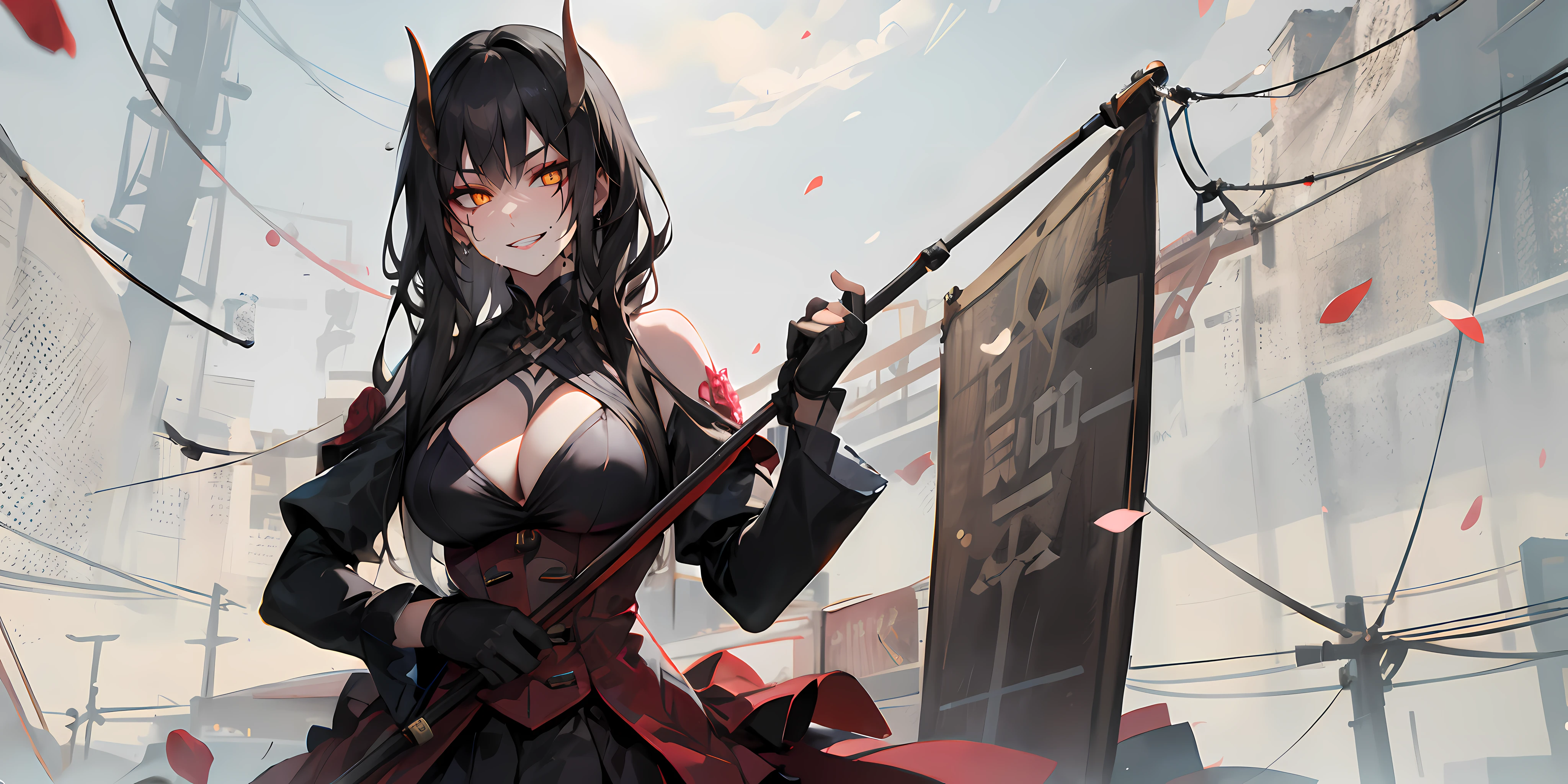 horns, makeup, tattoo, slit pupils, breasts, gloves, long_hair, petals, cleavage, solo, black_hair, black_gloves, bangs, smile, large_breasts, holding, looking_at_viewer, mole, earrings, mole_on_breast, weapon, partly_fingerless_gloves, black_eyes, hand_on_hip, wind, jacket, sky, cloud, holding_flag, solo focus, solo, 1girls,