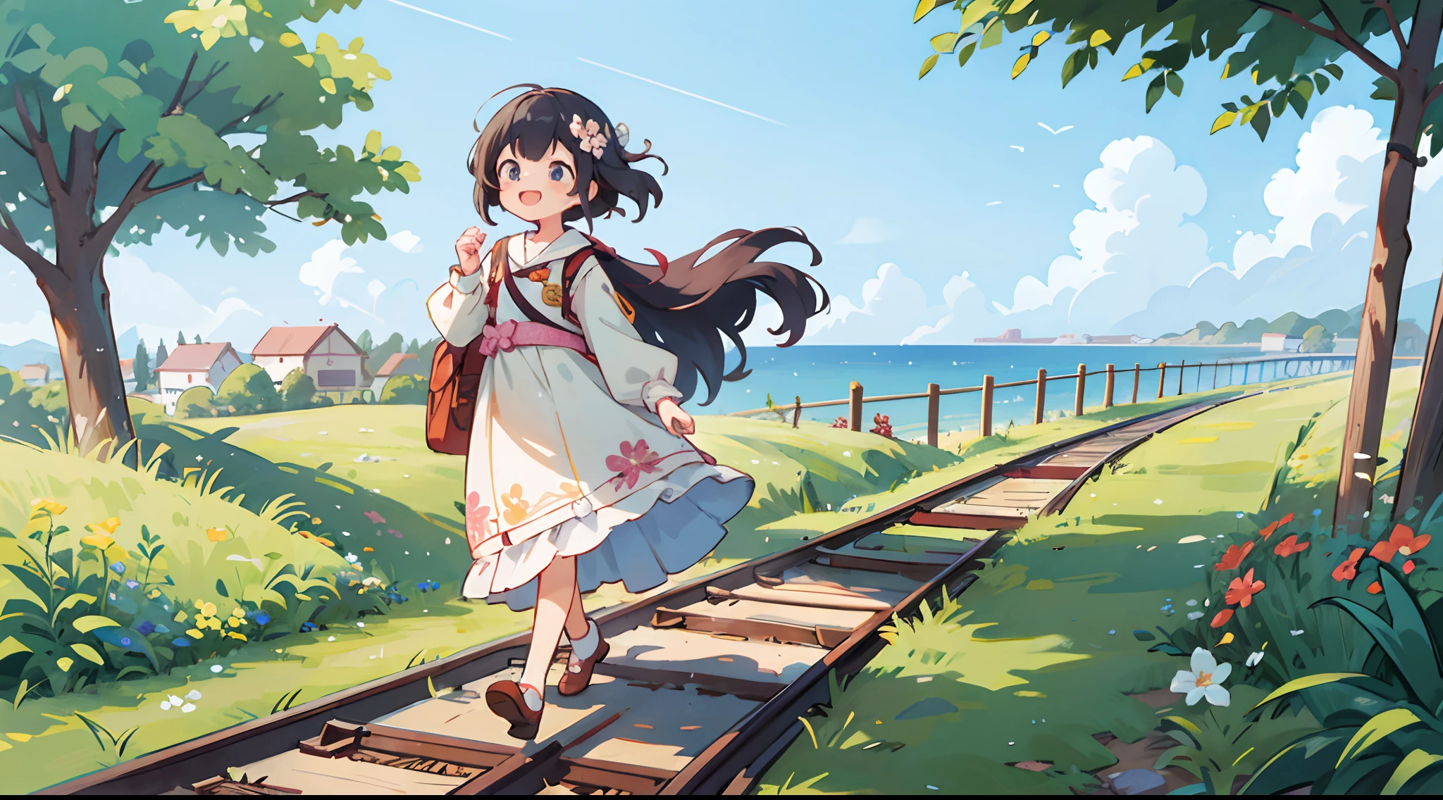 bustup、morning、Girl walking on a path parallel to the railroad tracks、Raising the right hand、Vigorous、You can see the sea in the background, I see the train、( hair adornments、Floral hair ornament)、 masutepiece, Anatomically correct、A smile, radiant light