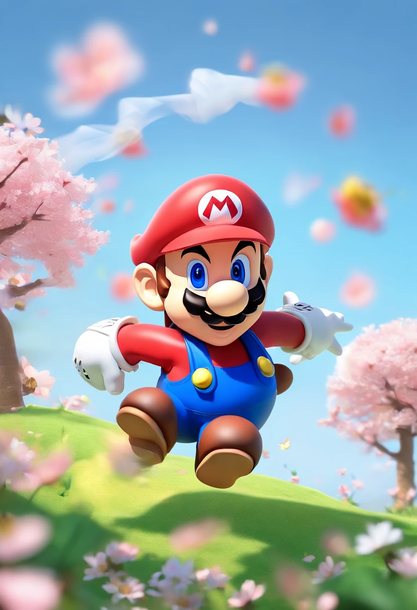 (Mario), character design, Nintendo Super Mario, (blue eyes, wearing highly detailedsamuraibattlearmor)super cute blind box style, chibi, full body, exaggerated expressions and actions, clean background, cherry blossoms blowing in the wind, bright iridescent highlights, studio lighting, atmospheric lighting, with exquisite texture, high detail, high resolution, c4d, 3D, Blender, 8k, best quality, ultra high definition