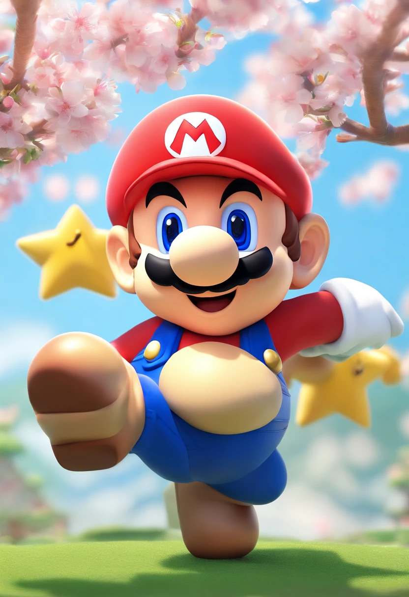 (Mario), character design, Nintendo Super Mario, (blue eyes, wearing highly detailedsamuraibattlearmor)super cute blind box style, chibi, full body, exaggerated expressions and actions, clean background, cherry blossoms blowing in the wind, bright iridescent highlights, studio lighting, atmospheric lighting, with exquisite texture, high detail, high resolution, c4d, 3D, Blender, 8k, best quality, ultra high definition