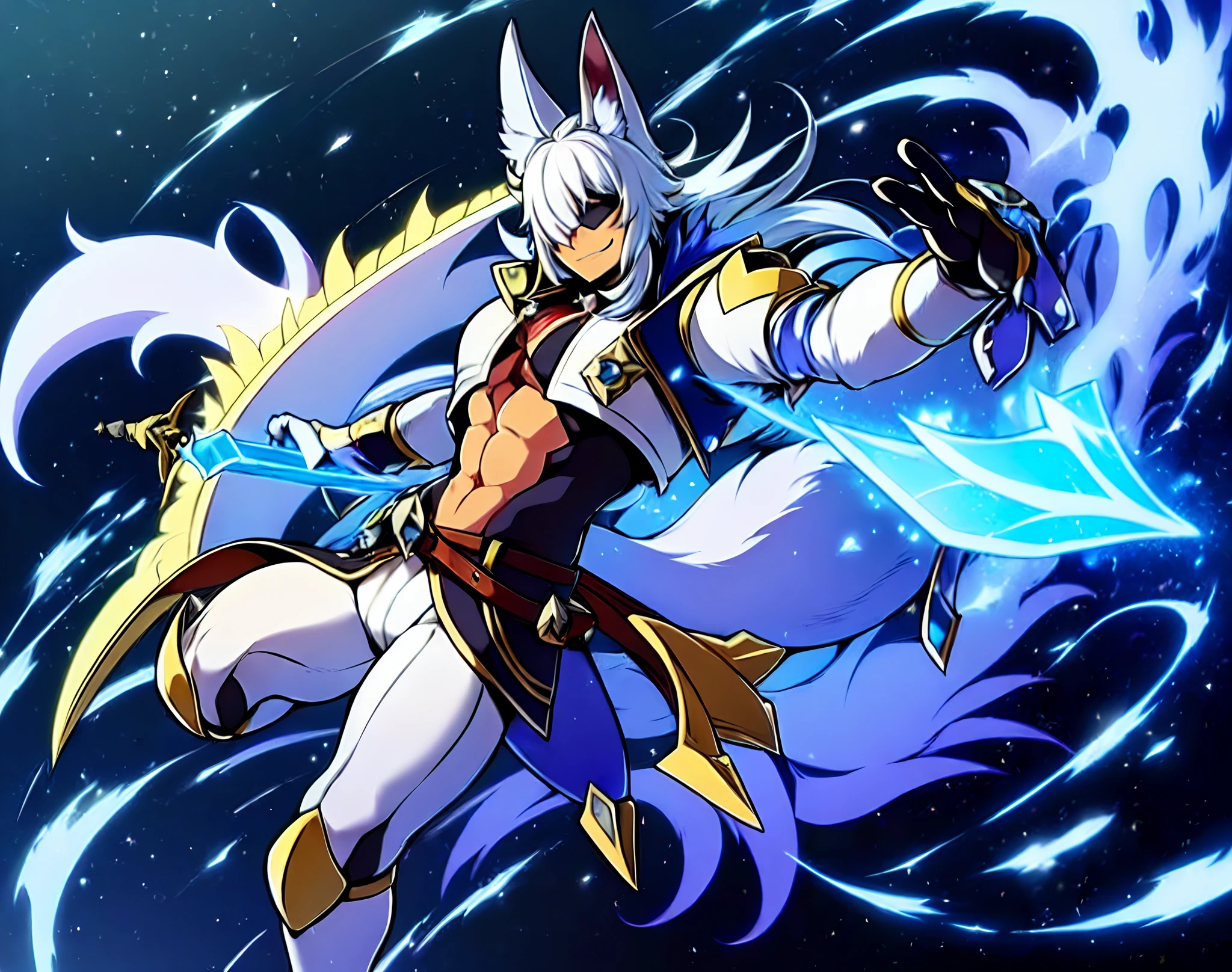 a close up of a ((dark Skin:1.6)) ((masculine )) (sakuyamon) like digimon \(creature\))) with ((long navy-Blue hair with light blue )) , ((Done in a Low hanging Ponytail)),Big ((fluffy white tail)), Ice Crystals in Gauntlets ,((Belt , Sword)) , Dynamic pose, Mid swing , expression( Smug), ((Eye patch)),(( Kaeya From Genshin impact as a Digimon)), ((white Fox mask with blue markings)),(( Blue open jacket)),((1boy Solo)), ((Masterpiece,High quality))