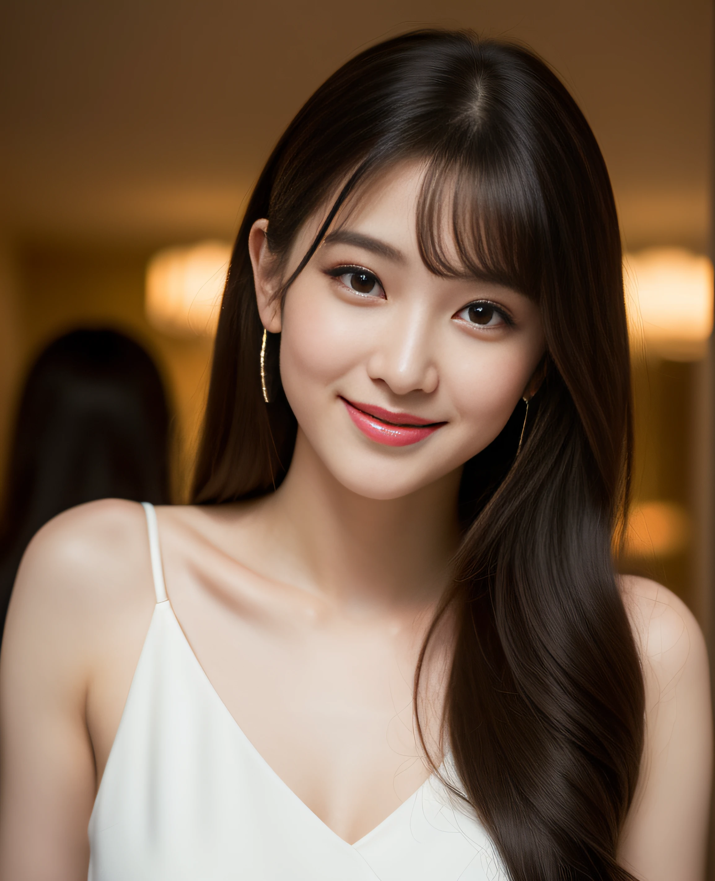 Best-quality, Masterpiece, Ultra-High-Resolution, (Photorealistic:1.4), Raw-Photo, 1girl, the most famous Japanese actress, at large banquet-hall in luxury hotel, having a lot of fun at big-party, wearing extremely gorgeous evening-dress, extremely beautiful face like the most popular Japanese actress, extremely beautiful big-black-eyes, extremely beautiful hair, extremely beautiful skins, extremely beautiful long-eyelashes, extremely beautiful lips, grinning, detailed large-banquet-hall-in-luxury-hotel, detailed big-party, detailed extremely-gorgeous-evening-dress, detailed grinning-face
