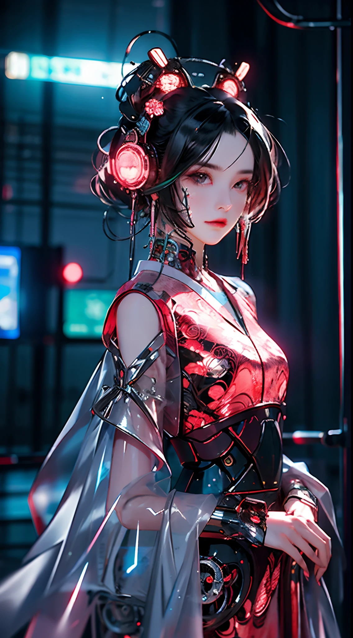 Best quality, masterpiece, ultra high res, raw photo, beautiful and aesthetic,deep shadow, dark theme,(photorealistic:1.4),
1girl, chinese_clothes, sitting, in white and pink,cyberhanfu, Cheongsam, cyberpunk city, dynamic pose, Headdress, hair ornament, long hair, cyberpunk, a high-tech city, full of machinery and futuristic element, futurism, technology