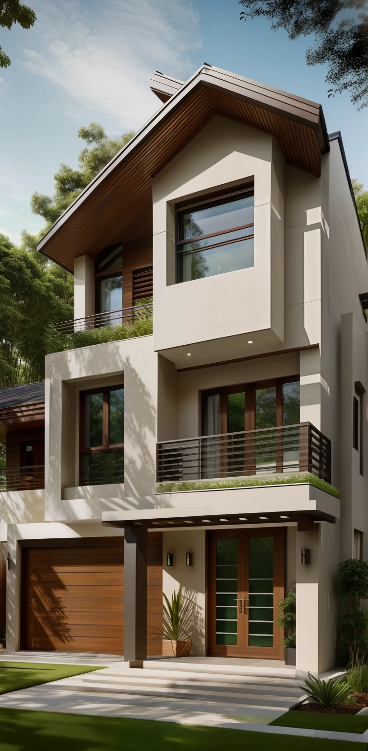 Exterior, morden house, day light, A modern street-facing house seamlessly integrates natural elements into its design. The architecture embodies an urban oasis concept, featuring a balcony adorned with lush greenery and a front yard that blends nature with the urban environment. Soft ambient lighting casts a warm and welcoming glow. Channeling the spirit of renowned architect Frank Lloyd Wright, this design showcases his signature organic architecture style. The medium for this artwork is an architectural blueprint rendered in high-definition 3D graphics, emphasizing every detail of the design. The color scheme primarily consists of earthy tones and various shades of green, enhancing the connection to nature