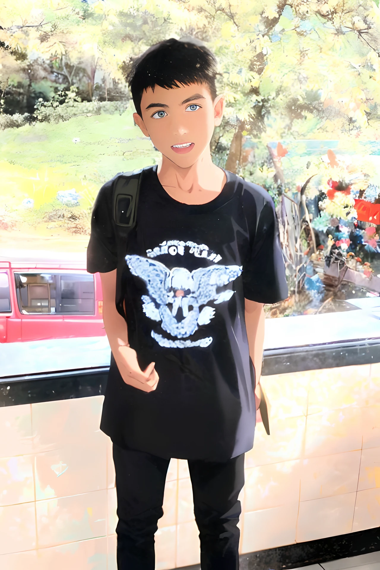 Full Body, Full Body Illustration, Best Illustration, (((Best Quality)), ((Masterpiece)), handsome, fine detail, portrait, Behold the beholder, ((Show Full Body)), 1 Male, Full body, Solo, 10 years old, Elementary school student, Child actor, Brown hair, Short hair, Blue and pink eyes, Big eyes, black t-shirt, Wet clothes, , Blush, room, Simple background, facing front, standing, carrying a bag, short-sleeved shirt, skinny, child, cute,