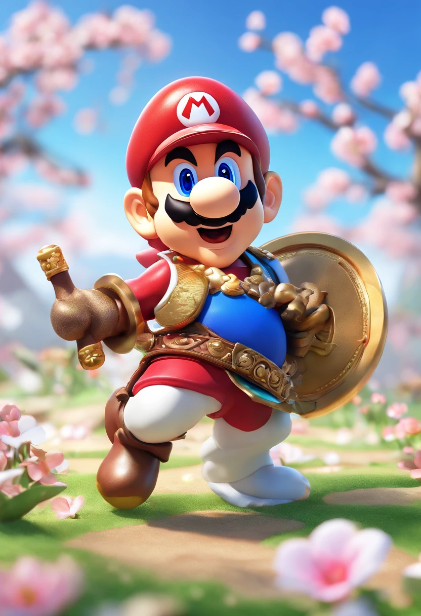 (Mario), character design, Nintendo Super Mario, (blue eyes, wearing highly detailed samurai battle armor)super cute blind box style, chibi, full body, exaggerated expressions and actions, clean background, cherry blossoms blowing in the wind, bright iridescent highlights, studio lighting, atmospheric lighting, with exquisite texture, high detail, high resolution, c4d, 3D, Blender, 8k, best quality, ultra high definition