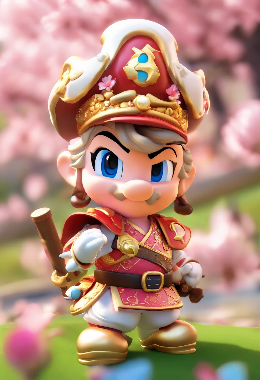 (Mario), character design, Nintendo Super Mario, (blue eyes, wearing highly detailed samurai battle armor)super cute blind box style, chibi, full body, exaggerated expressions and actions, clean background, cherry blossoms blowing in the wind, bright iridescent highlights, studio lighting, atmospheric lighting, with exquisite texture, high detail, high resolution, c4d, 3D, Blender, 8k, best quality, ultra high definition