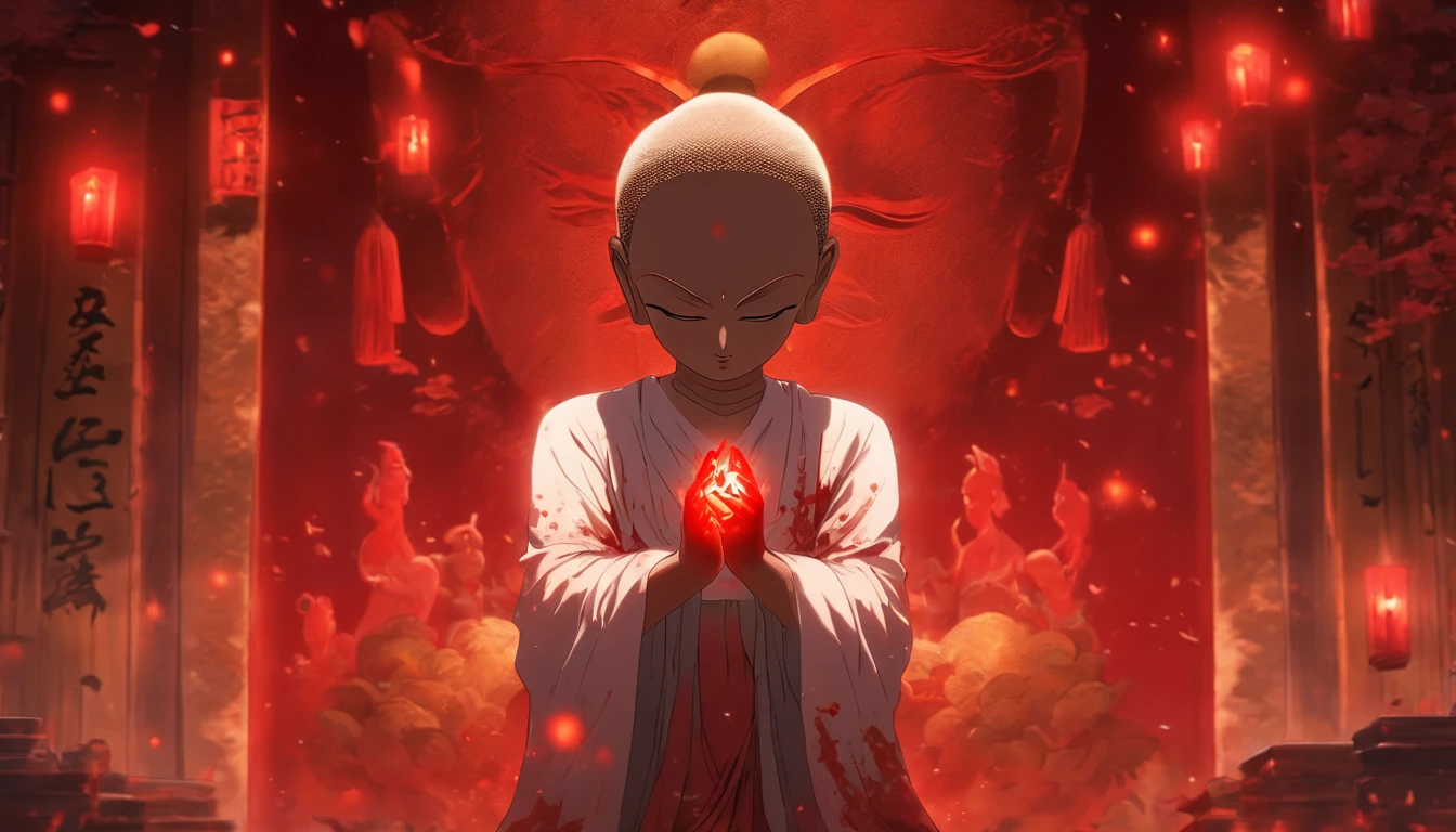Blood red room, Flashing white TV screen, BUDDHA STATUE, Cover one eye and face, Bright red eyes, Wearing a white transparent robe, Looming full breasts,liquor,Devil， reaching out her hands，Straighten your body, Red nails are exposed, Pinch the camera, hyper HD, Anatomically correct, Textured skin, Super detail, High details, High quality, A high resolution, 8K, hyper HD, Anatomically correct, Textured skin, Super detail, High details, High quality, Best quality, 8K,Leishnampo,Room 2,Horror