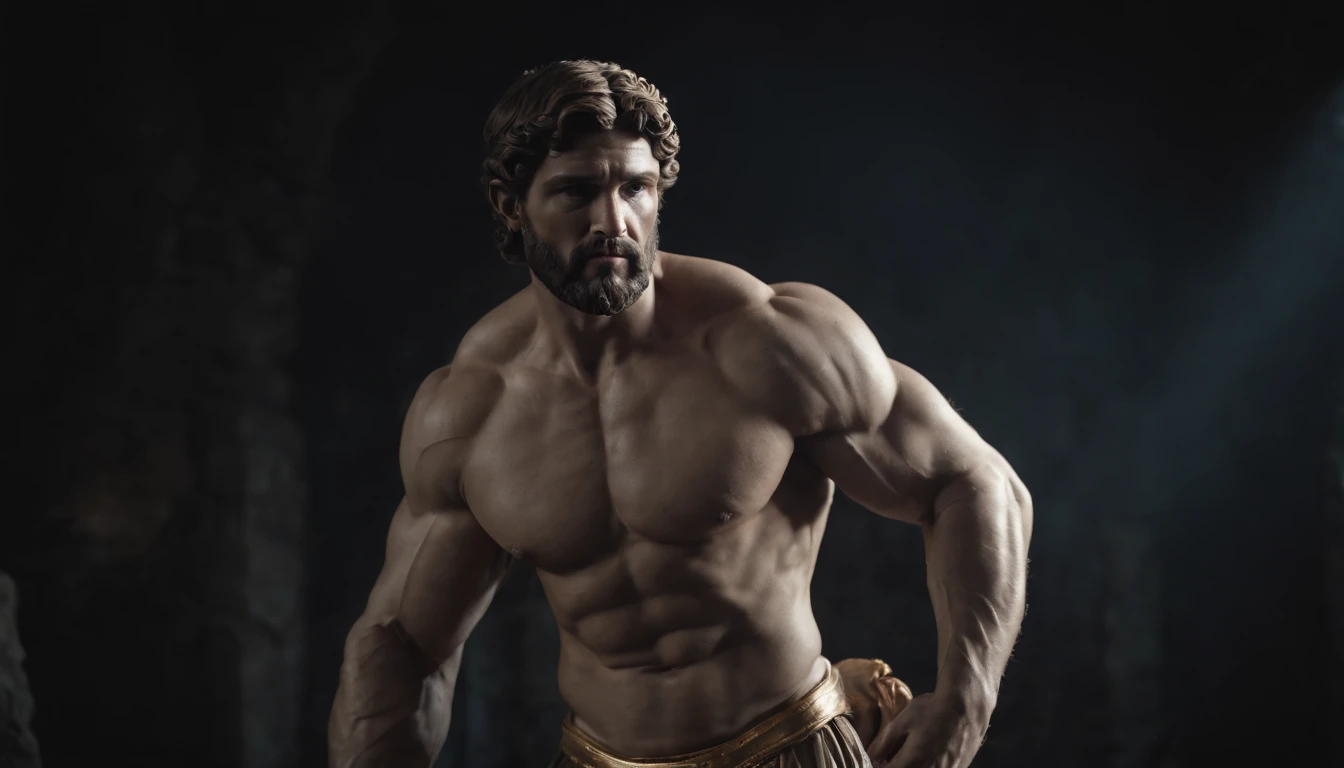 Stoic Greek Hercules style statue with highlighted muscles dark background