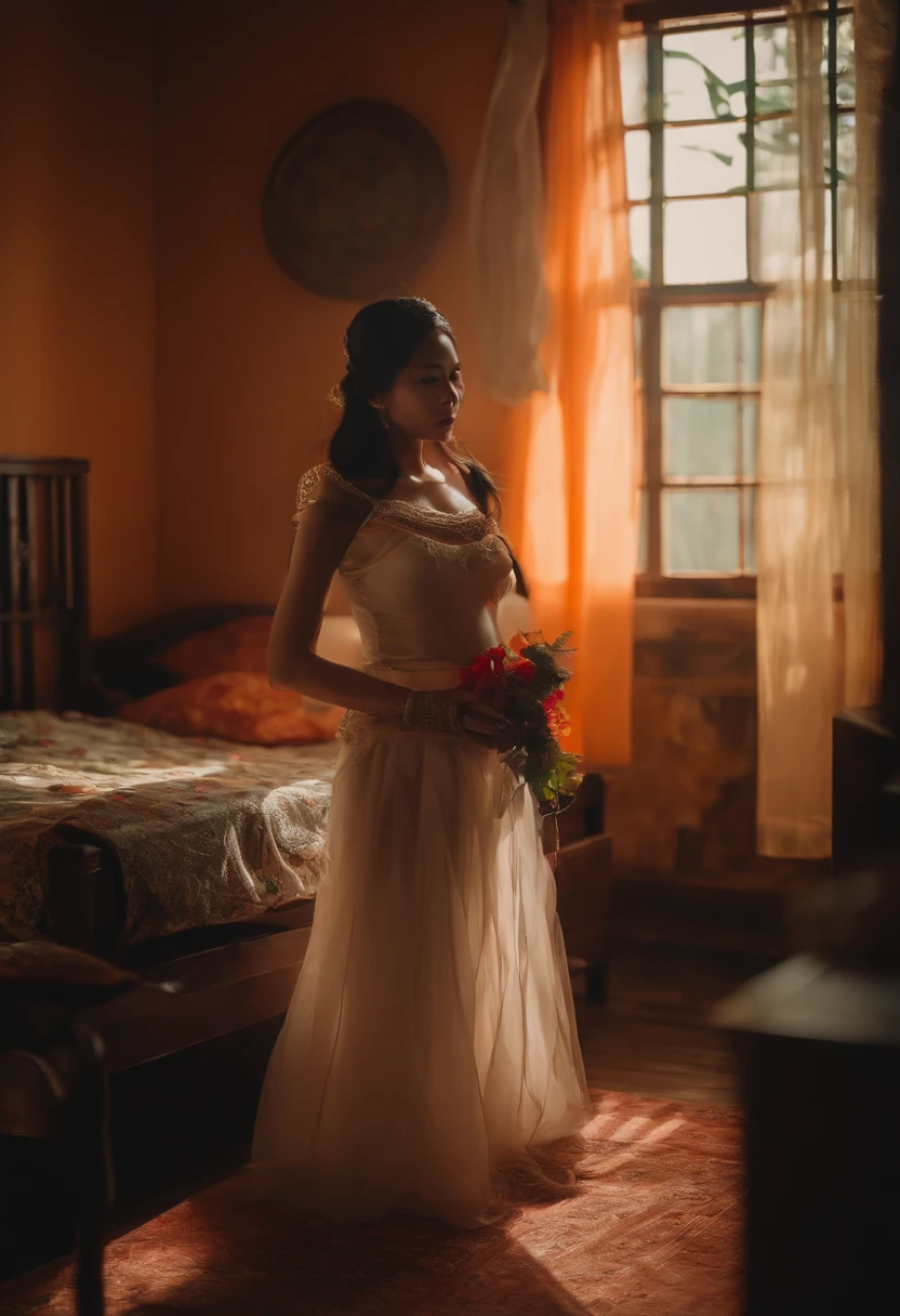 Young Vietnamese father dressed as a woman in bondage and bride costume in underwear hiding from his wife and incest with his son childs room