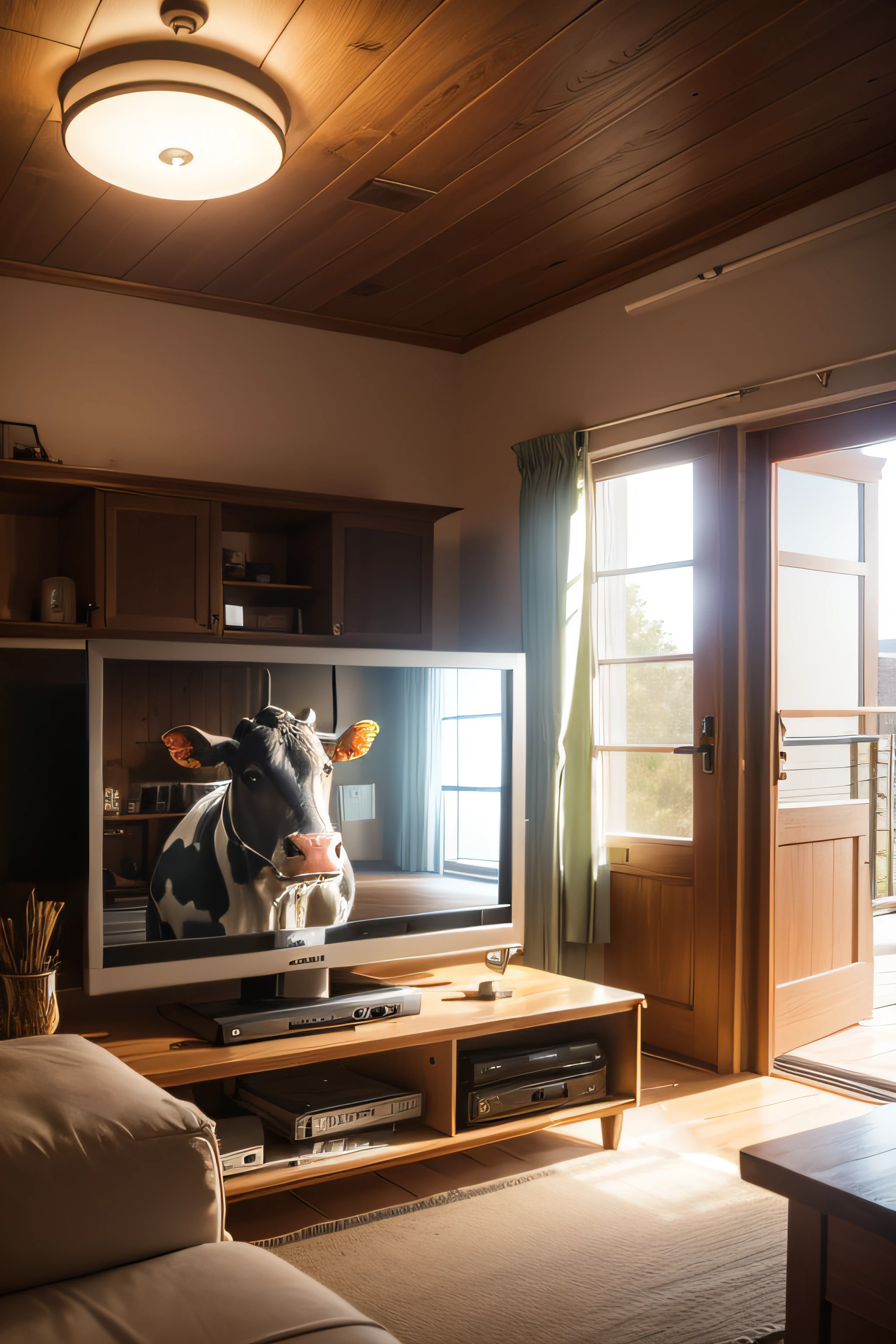 cow watching television inside a room ,   a cow into the room