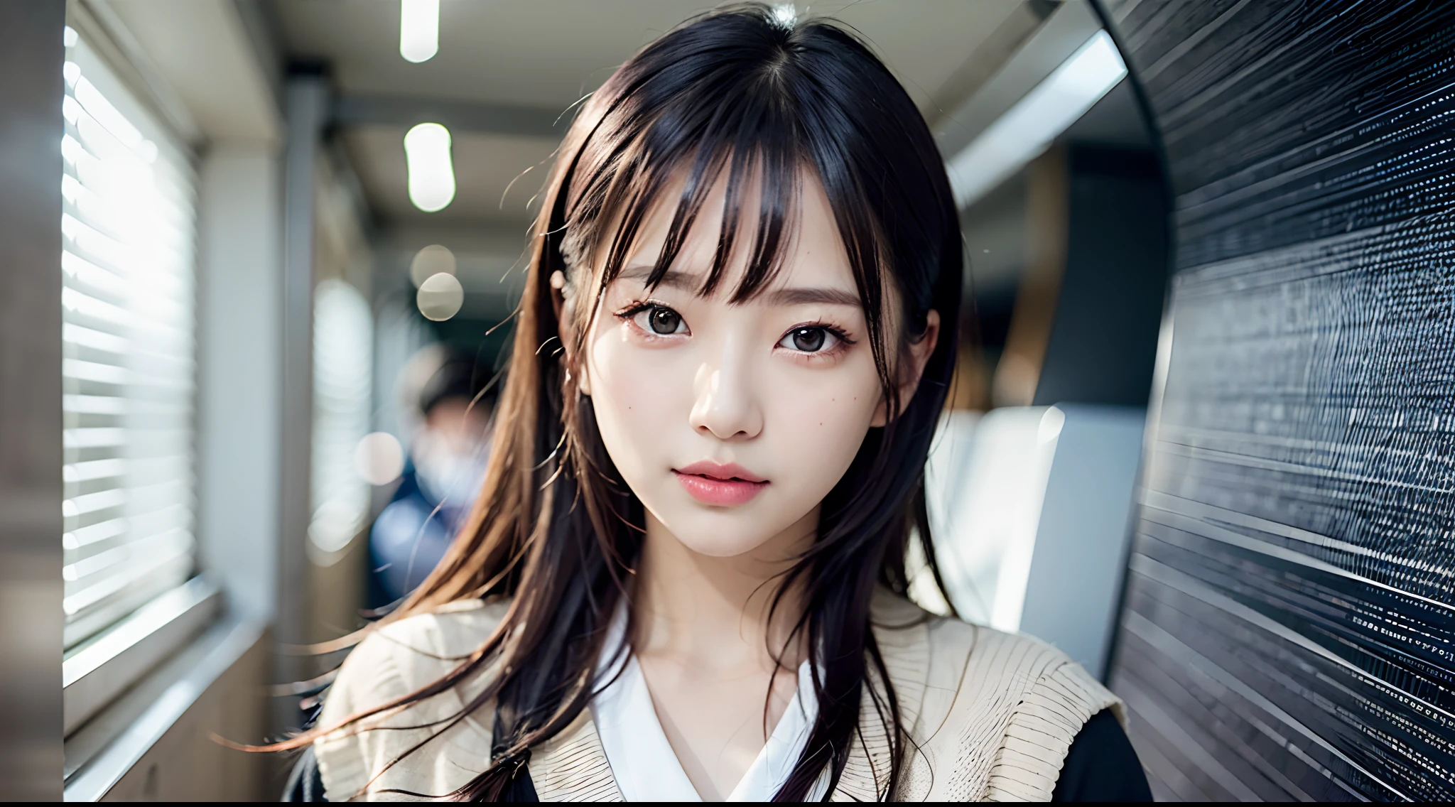 1人、Women around 25 years old、Fashionable clothes(Autumn clothes)、a picture、realisticlying、top-quality、adopt、A detailed face、细致背景(Station Virtual Space)、diffuse sunlight、depth of fields、angle of view(The upper part of the body)、独奏