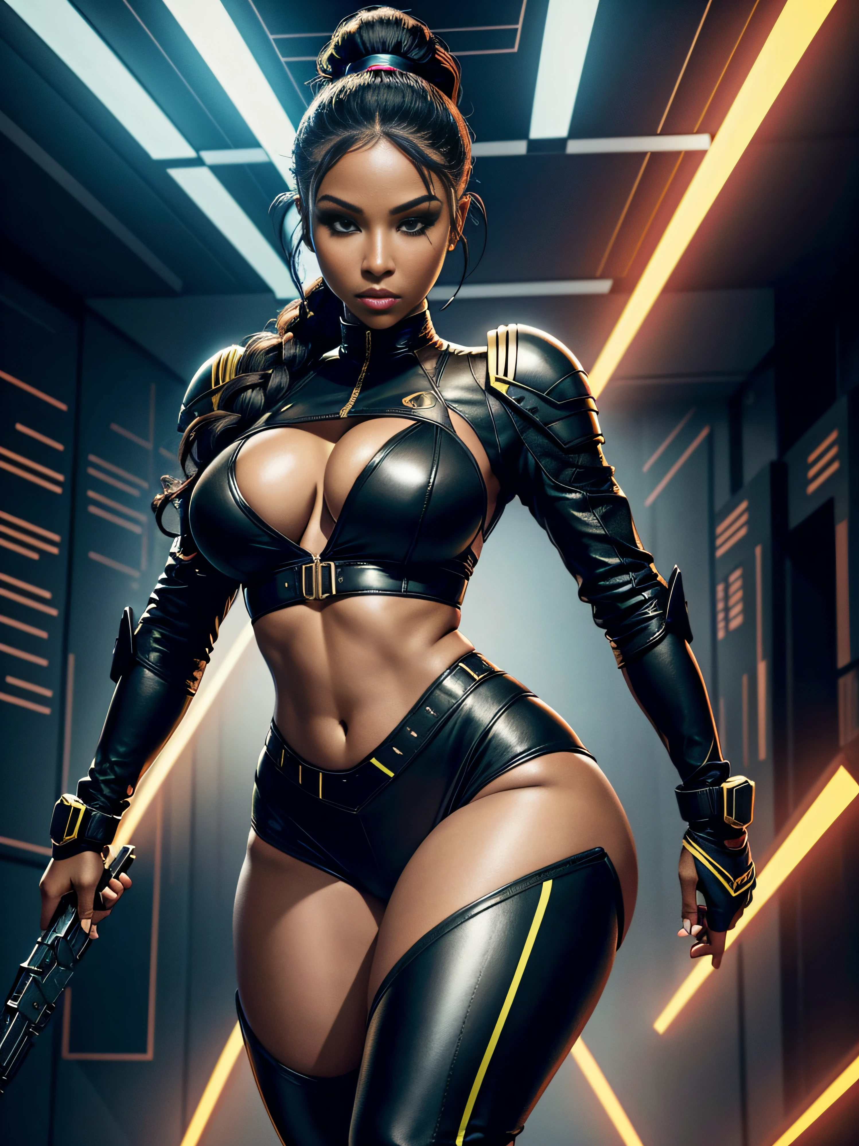 /Imagine a female character, spectacular body, black woman, dark brown skin, Asian-style slanted eyes, Egyptian-style eyeliner makeup, Her hair is brown curly, hair tied back like a ponytail, her face and her hair is the same as the face and hair of the singer Nicki Minaj, black and very dark skin, she wears sensual combat clothes, short camouflage jacket, leather top underneath, bust and belly showing, she has medium round breasts, she has a well-defined body, thin waist and thick thighs, her body has sensual curves, her legs are long and toned, she has long tactical boots that go up to the middle of her thighs, ((show the character in full body)), She is in a battle pose, Triumphal pose in the style of cinema posters, she must be holding a technological weapon, digital art, line drawing, realistic colors, realistic shading and lighting, European style illustration, In the background technological scenery with robotic beings and neon lights,