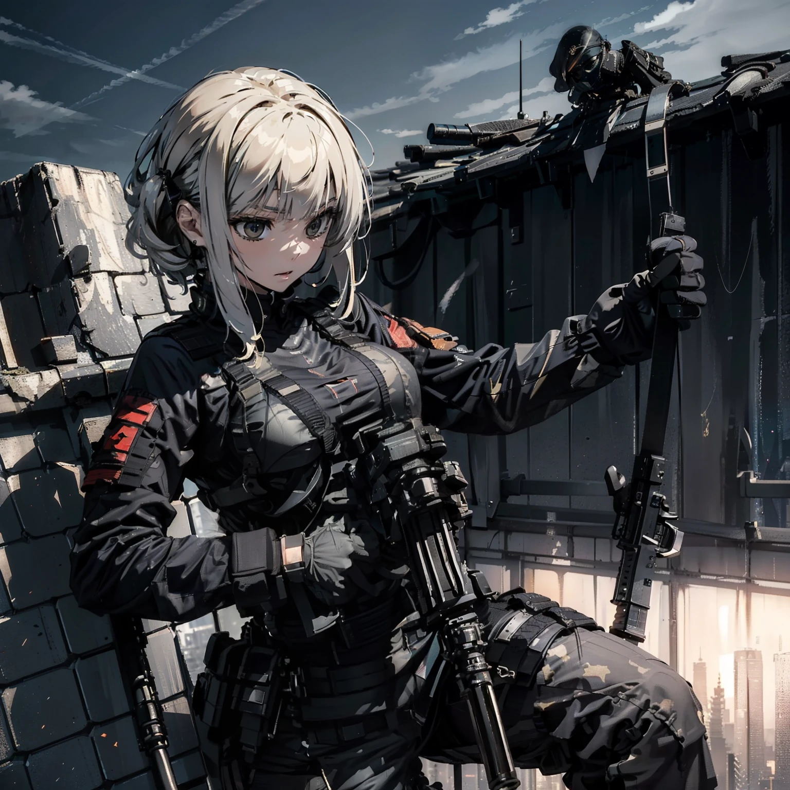 (Trained female soldiers)、((Aim and fire your rifle:1.4、Sniper stance、guns、h&K HK416))、1 Women、thick body、(Black combat uniform)、(platinum-blonde-hair:1.2)、((超A high resolution))、Detail Write、​masterpiece、top-quality、extremely details CG、8K picture quality、Cinematographic lighting、lensflare、(Skyscraper rooftop at night:1.4)、Hyper-detailing、((Dynamic Angle Bust Shots:1.4))、Detailed firearm depiction、Rifle with perfect detail、Perfect barrel that does not distort、Fighter in the sky、Military drones