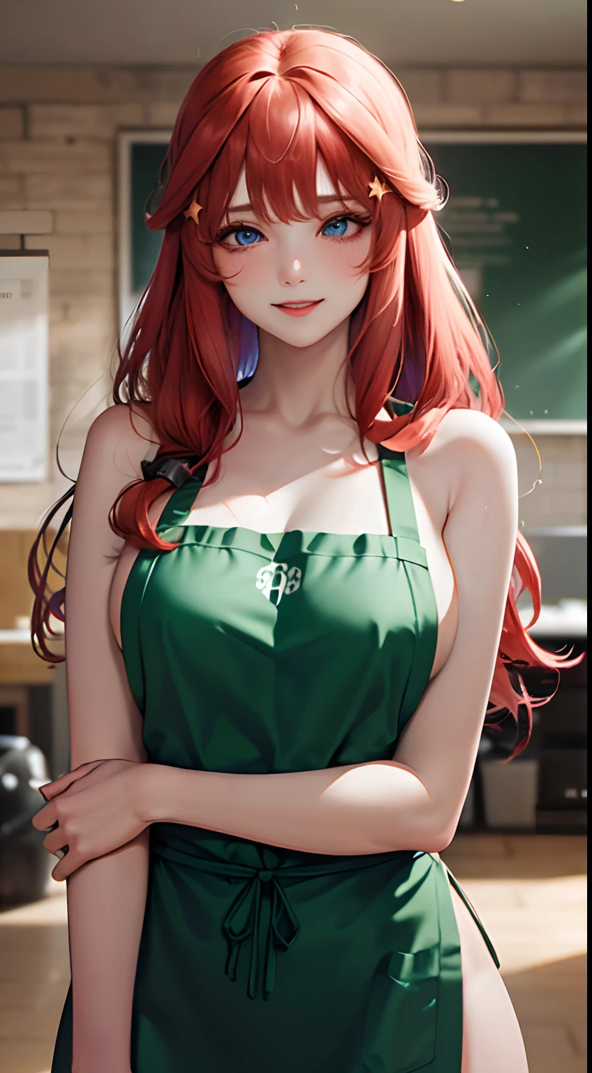 tmasterpiece，best qualtiy，ultra - detailed，illustratio，epic lighting，cinematic compositions，isometry，1girll，ssmile，Redlip，独奏，adolable，blue eyes，red color hair，By bangs，star hair clips，captivating posture，inside in room，school，Open the door，looking at viewert，peeking out upper body，Be red in the face，seduct smile，Shut your mouth，(8K:1.1), (green apron)