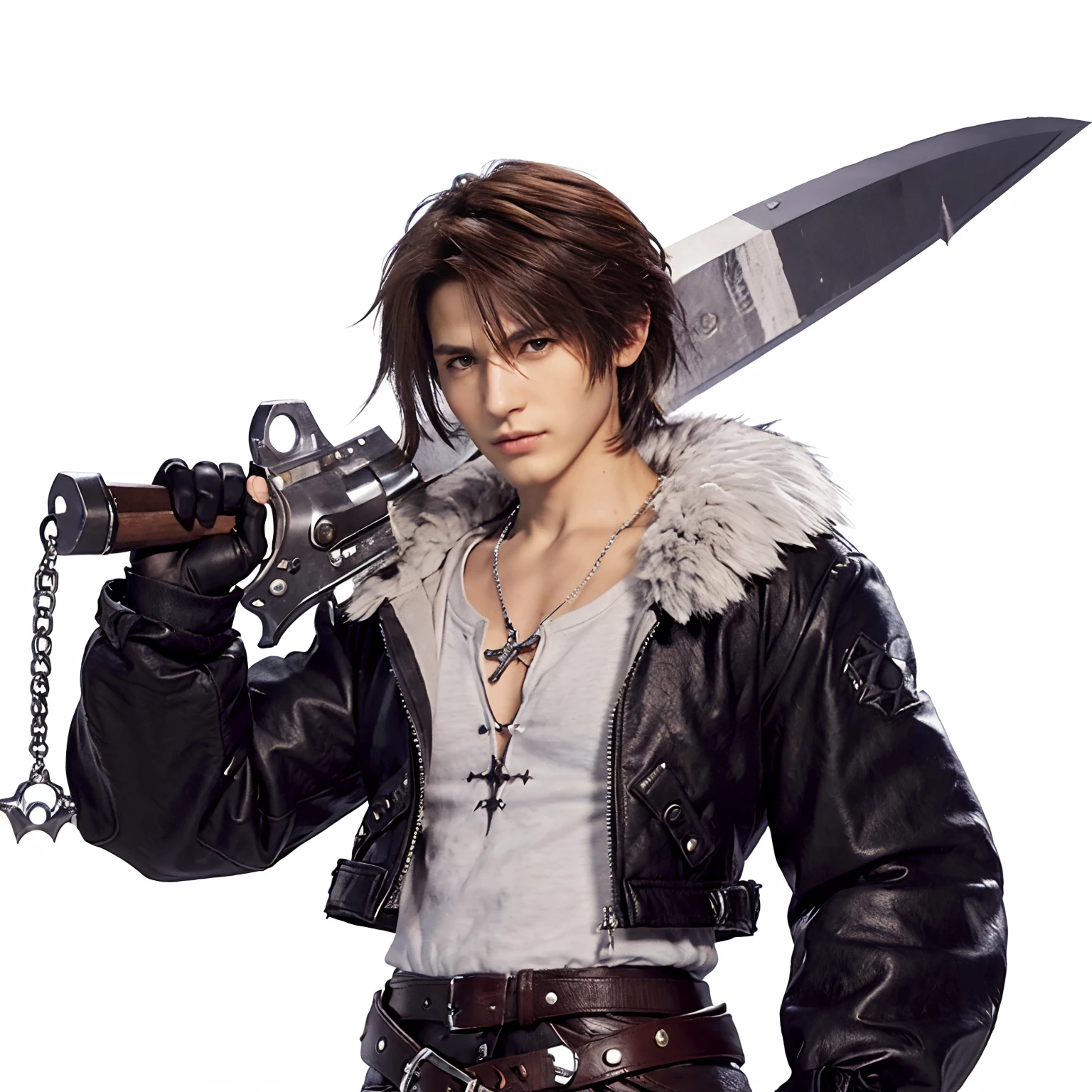 Squall, (1boy), (scar across nose:1.5, fur collar, black jacket, gunblade over shoulder), medium shot