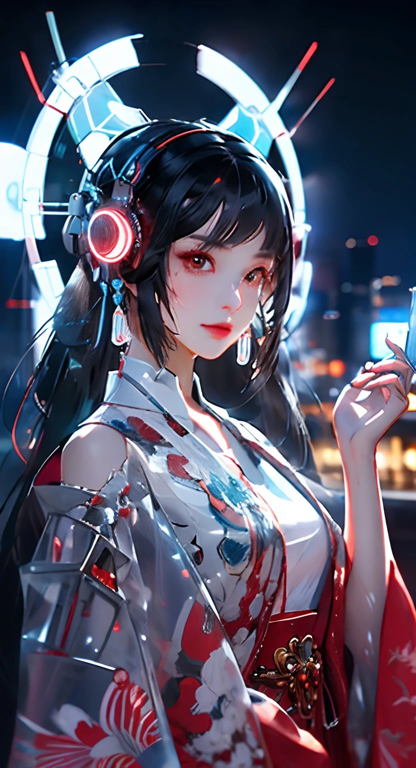 1 girl, Chinese_Clothes, liquid silver and pink, cyberhan, dressed in a pink kimono, Cyberpunk City, Dynamic Pose, glowing headphone, glowing hair accessories, Long hair, glowing earrings, glowing necklace, Cyberpunk, High-tech City, Full of mechanical and futuristic elements, Futuristic, Technology, glowing neon、Pink light, transparent tulle, transparent streamers, laser, digital background urban sky, Big Moon, with vehicle, Best Quality, masutepiece, 8K, character edge light, Super High Detail, High quality, the most beautiful woman in human beings, micro smile, Symmetrical face, Ear Antenna, beautiful pupil light effects, Visual data、Holding a naginata in one hand