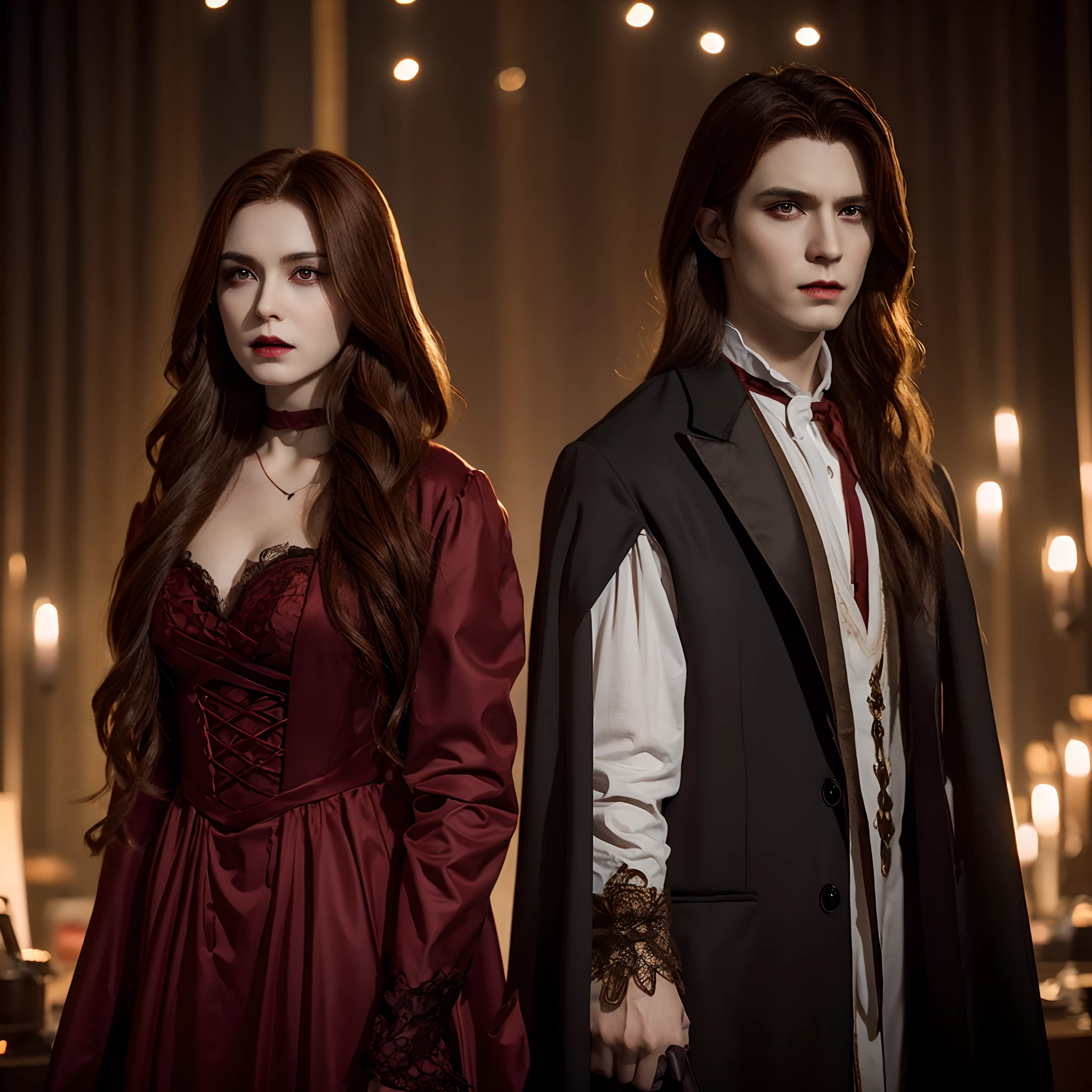 male and female with brown hair, best quality:1.4, vampire vibes, 1girl, 1boy, supernatural background, supernatural costumes, 8k