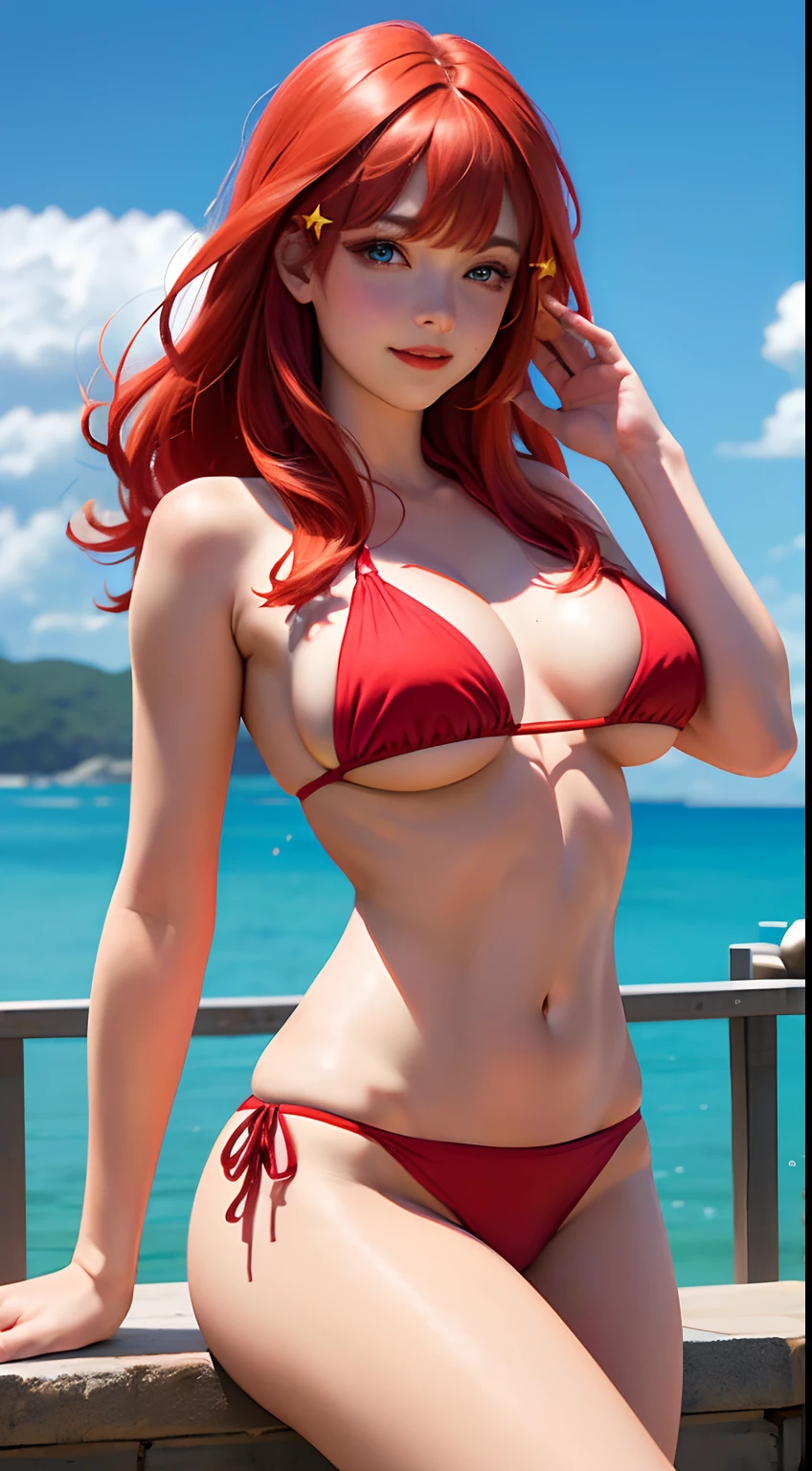 tmasterpiece,best qualtiy,ultra - detailed,illustratio,epic lighting,cinematic compositions,isometry,1girll,ssmile,Redlip,独奏,adolable,blue eyes,red color hair,By bangs,star hair clips,captivating posture,looking at viewert,seduct smile,Shut your mouth,(8K:1.1), (red bikini), beach, big boobs