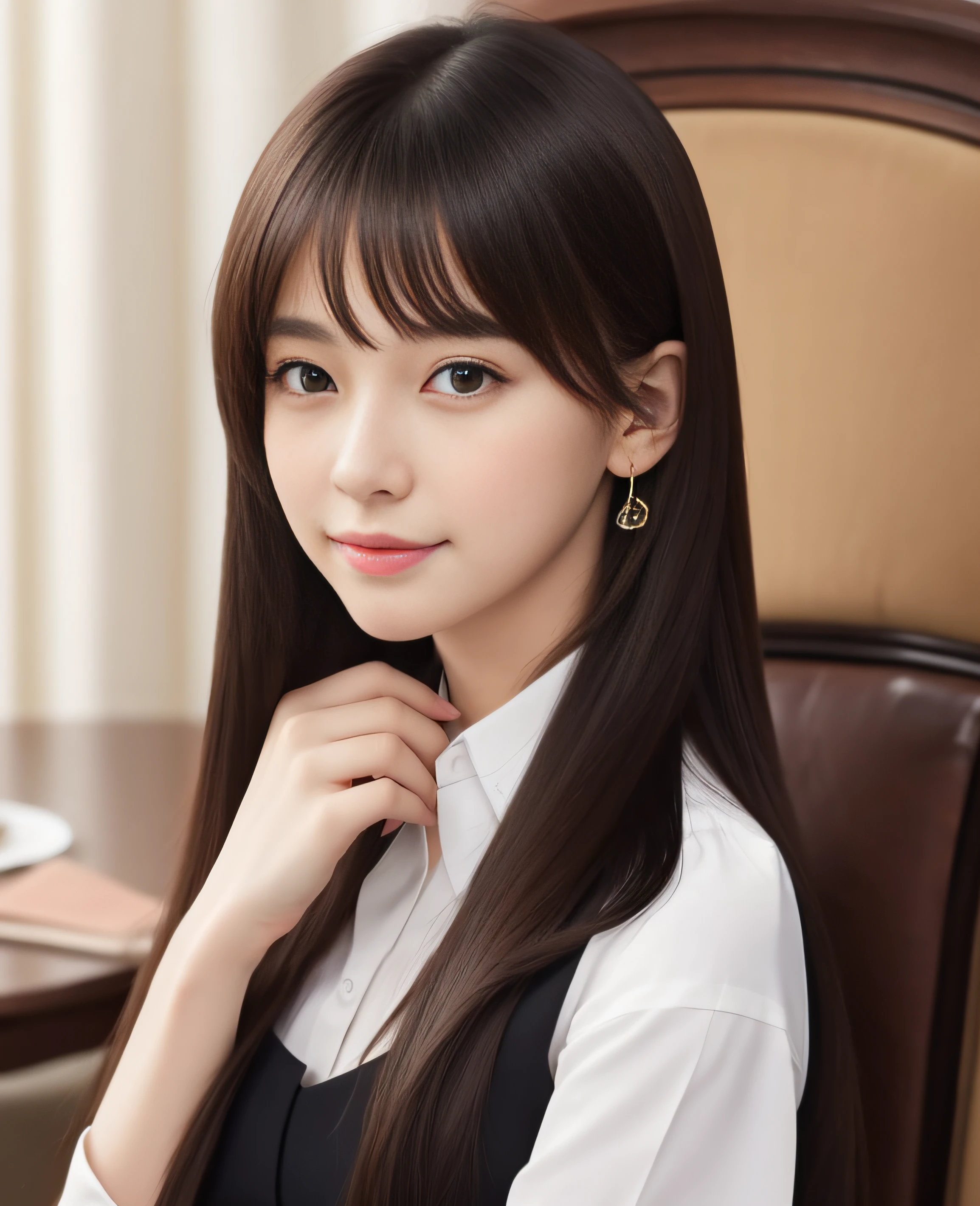 ((Top quality, 8K, Masterpiece: 1.3)), Beautiful girl, Pure, Melon face, Kind and cute, Sweet smile, Pure desire, Slender body, (Front), (Tilted head), ((Looking at camera) ), wearing suits of various colors, long black silky hair, long flowing shoulders, round black big eyes, clear big eyes, moist red lips, sweet, sitting on a chair, in the afternoon cafe. Background, (((waist shot))),