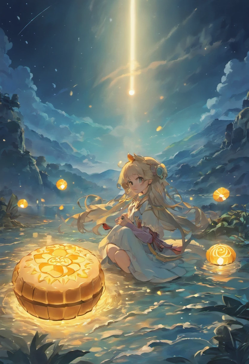 4 Mooncakes form a creative stage,Scene of a river flowing,Bright moon,best qualtiy,3D modeling rendering,C4D style,wide wide shot,8K,