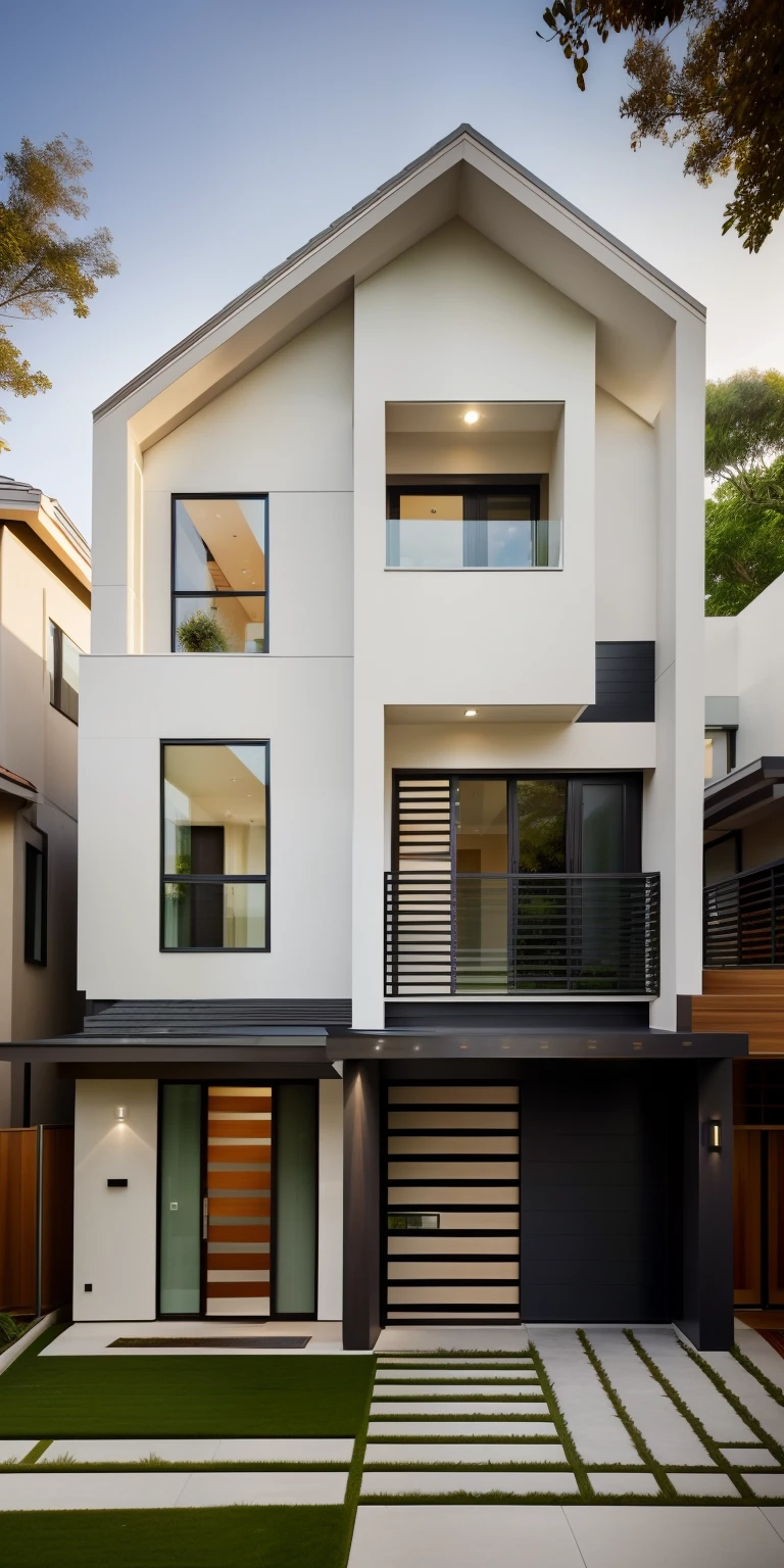 Exterior, morden house, day light, A modern street-facing house seamlessly integrates natural elements into its design. The architecture embodies an urban oasis concept, featuring a balcony adorned with lush greenery and a front yard that blends nature with the urban environment. Soft ambient lighting casts a warm and welcoming glow. Channeling the spirit of renowned architect Richard Meier, this design showcases his signature organic architecture style. The medium for this artwork is an architectural blueprint rendered in high-definition 3D graphics, emphasizing every detail of the design. The color scheme primarily consists of earthy tones and various shades of green, enhancing the connection to nature