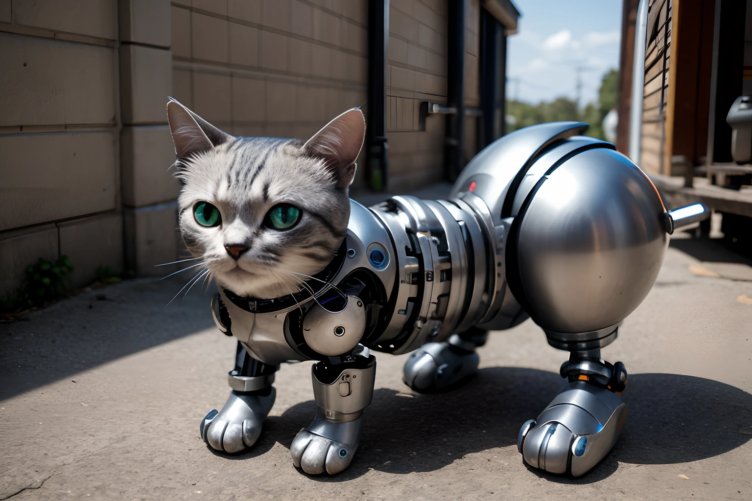 cute cyborg cat, half made of metal