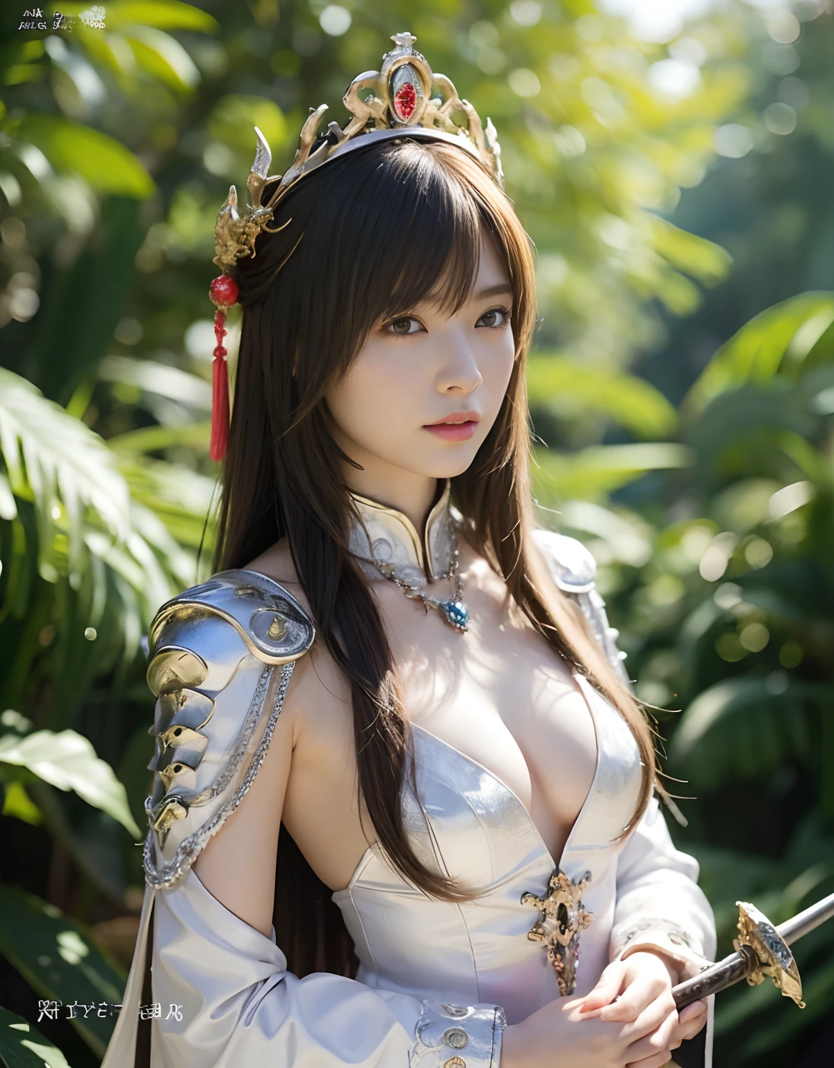 (Fight fiercely with dragons)、top-quality、masterpiece、超A high resolution、(White Dragon Armor)、dragon armor、(Wearing a beautiful crown made of jewels),(Photorealsitic:1.4)、Raw photo、1人、Golden hair、glowy skin、(((With the legendary sword)))、(Gorgeous Jewelry Necklaces)、(Mystical expression)、(Fight big dragons)、With a beautiful knife、(White Metal Bodysuit)、(beautiful forest background)、Precipitous cliffs、(Small LED)、((super realistic details))、portlate、globalillumination、Shadow、octan render、(One-Eyed Scouter)、8K、ultrasharp、Colossal tits、Raw skin is exposed in cleavage、metals、Details of complex ornaments、Japan details、highly intricate detail、Realistic light、CGSoation Trends、Red Eyes、radiant eyes、Facing the camera、neon details、(Mechanical limbs)、(blood vessels connected to tubes)、Mechanical vertebrae attached to the back、mechanical cervical attaching to neck、(Wires and cables connecting to the head)、Gundam、Small LED、,Mechanical thighs、Toostock、(Hands are also made of machines)、(veils)、