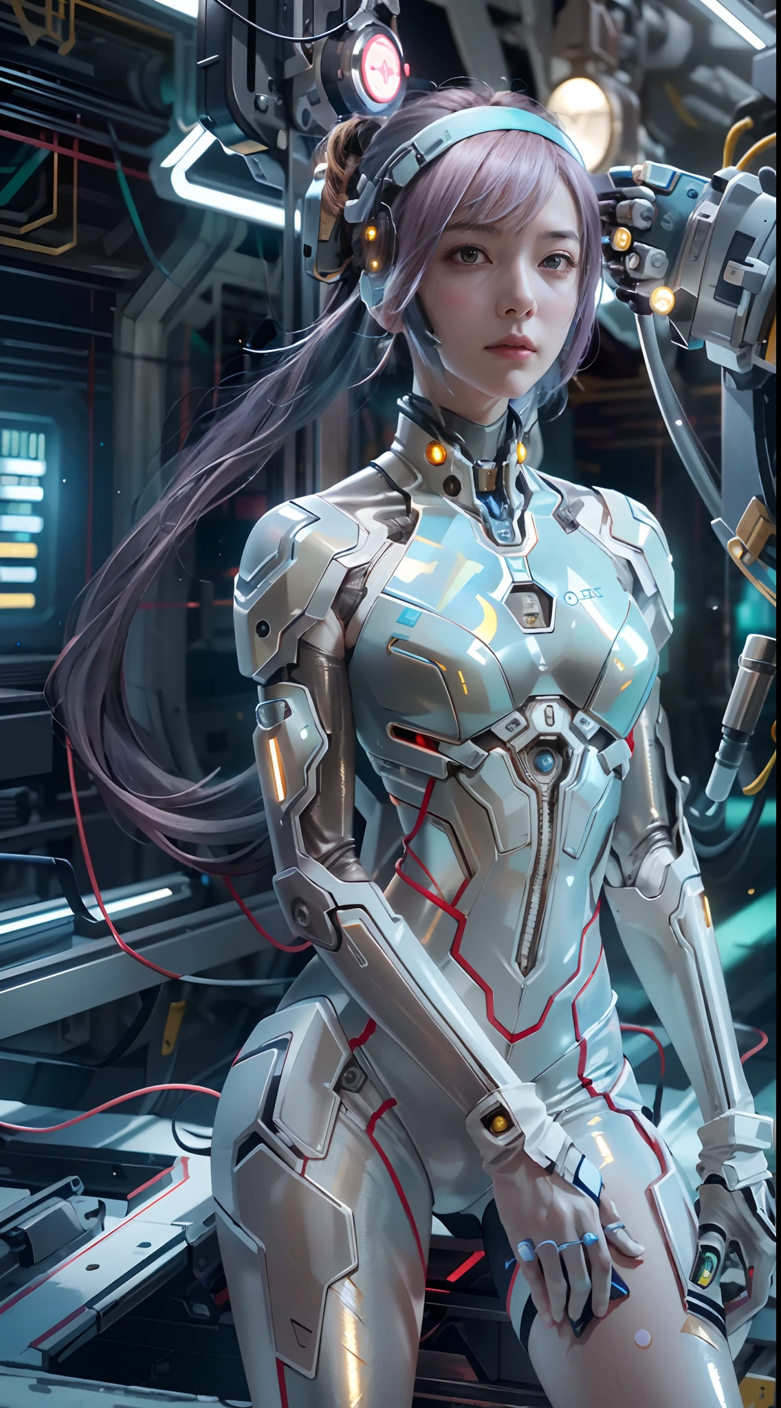 Woman body defined thick thighs cybernetic body parts, ropa interior corta, (((crear perfil  derecho de este personaje)))