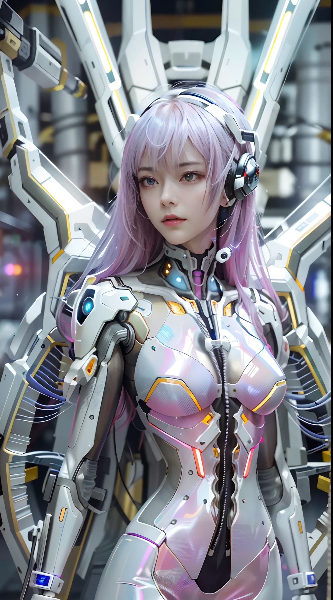 Top quality, Masterpiece, 超高分辨率, ((Photorealistic: 1.4), RAW photo, 1 Cyberpunk android girl, ((Portrait)), Glossy glossy skin, (hyper realistic detailed)), Clear plastic covers mechanical limbs, Tubes attached to mechanical parts, Mechanical vertebrae attached to the spine, mechanical cervical attachment to the neck, wires and cables connecting to head, Evangelion, ((Ghost in the Shell)), Luminous small light, globalillumination, Deep shadows, Octane rendering, 8K, ultrasharp, metal, Intricate Ornament Details, baroque detailed, very complex details, Realistic light, CGSoation trend, Facing the camera, neon light detail, (Android manufacturing plant in the background), art by H.r. Giger and Alphonse Mucha.(RAW photo:1.2)，camel-toe，Hollow-out on，sweat leggs，White liquid， Smooth pink skin, shiny metallic glossy skin, Shiny，spread their legs，M-shaped legs，Irritated，white liquid all over body，Full body like